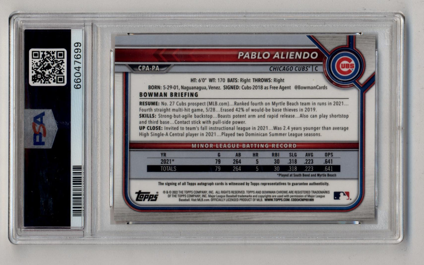 Pablo Aliendo 2022 Bowman Chrome Prospects Orange Refractor Auto 06/25 PSA 10 Gem Mint Auto 10