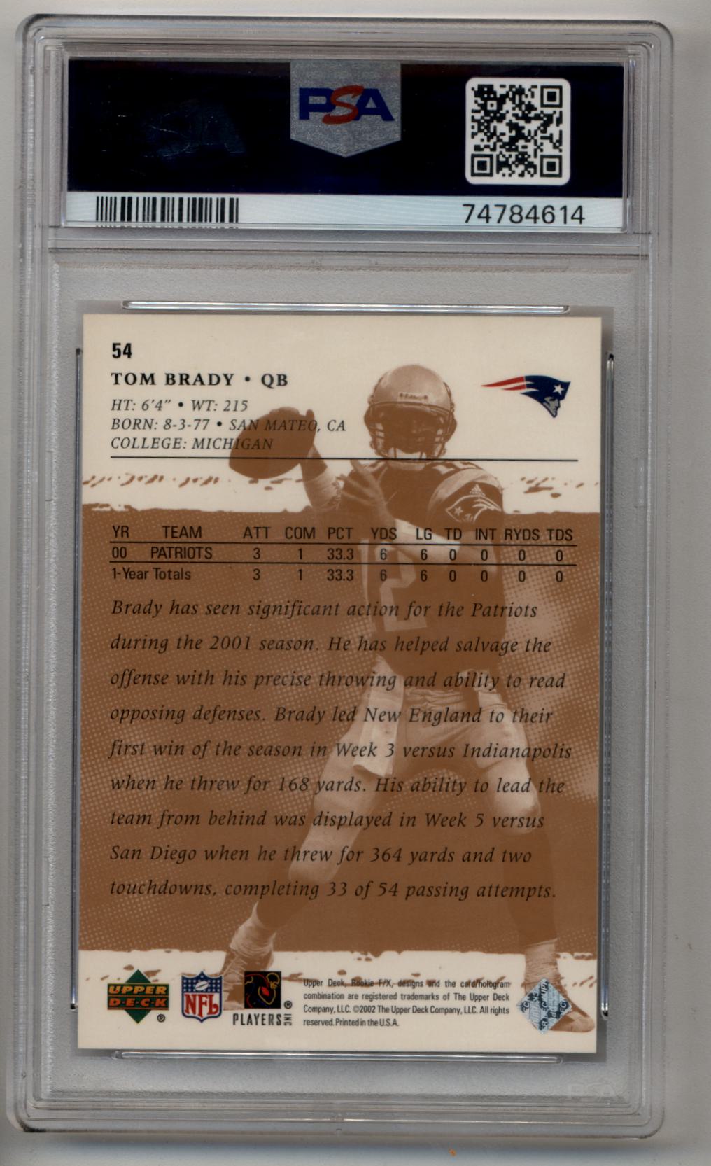 Tom Brady 2001 U.D Rookie FX #54 PSA 9 Mint