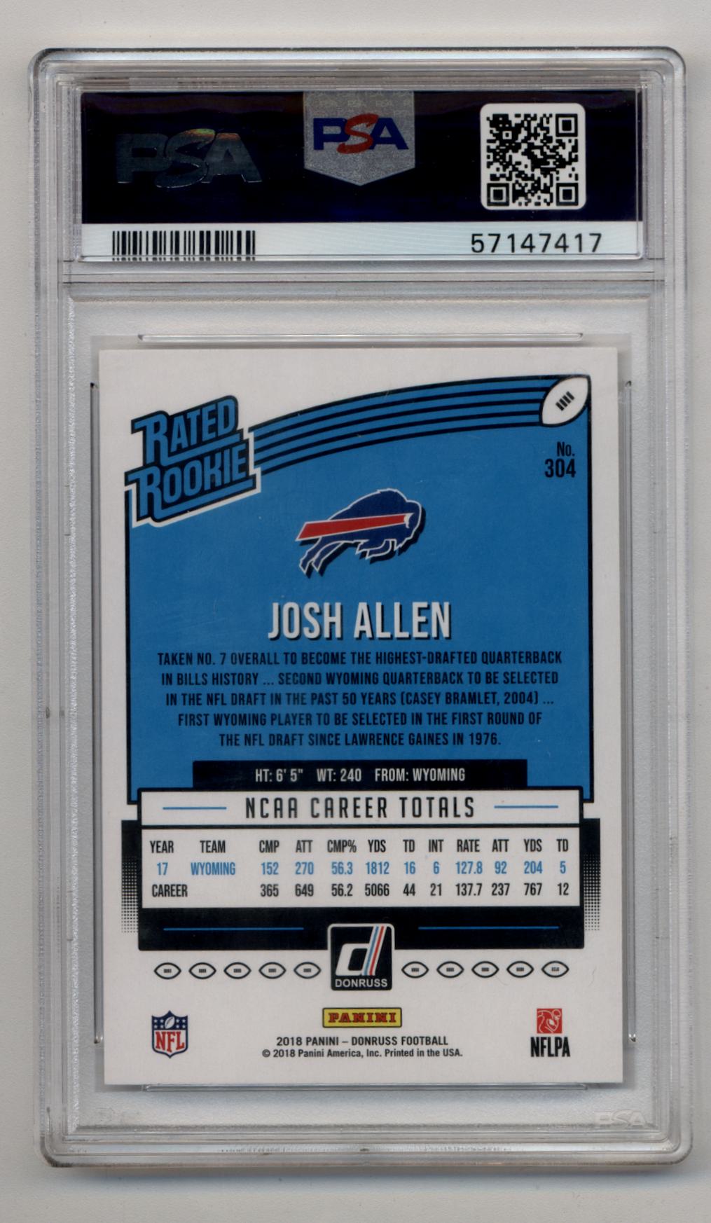 Josh Allen 2018 Donruss #304 PSA 10 Gem Mint 7417