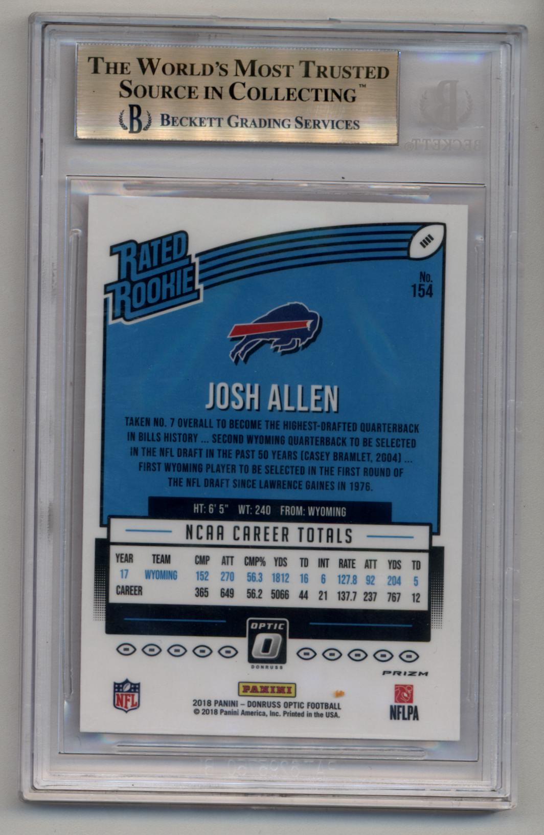 Josh Allen 2018 Optic Pink #154 Rated Rookie BGS 9.5 Gem Mint 5702