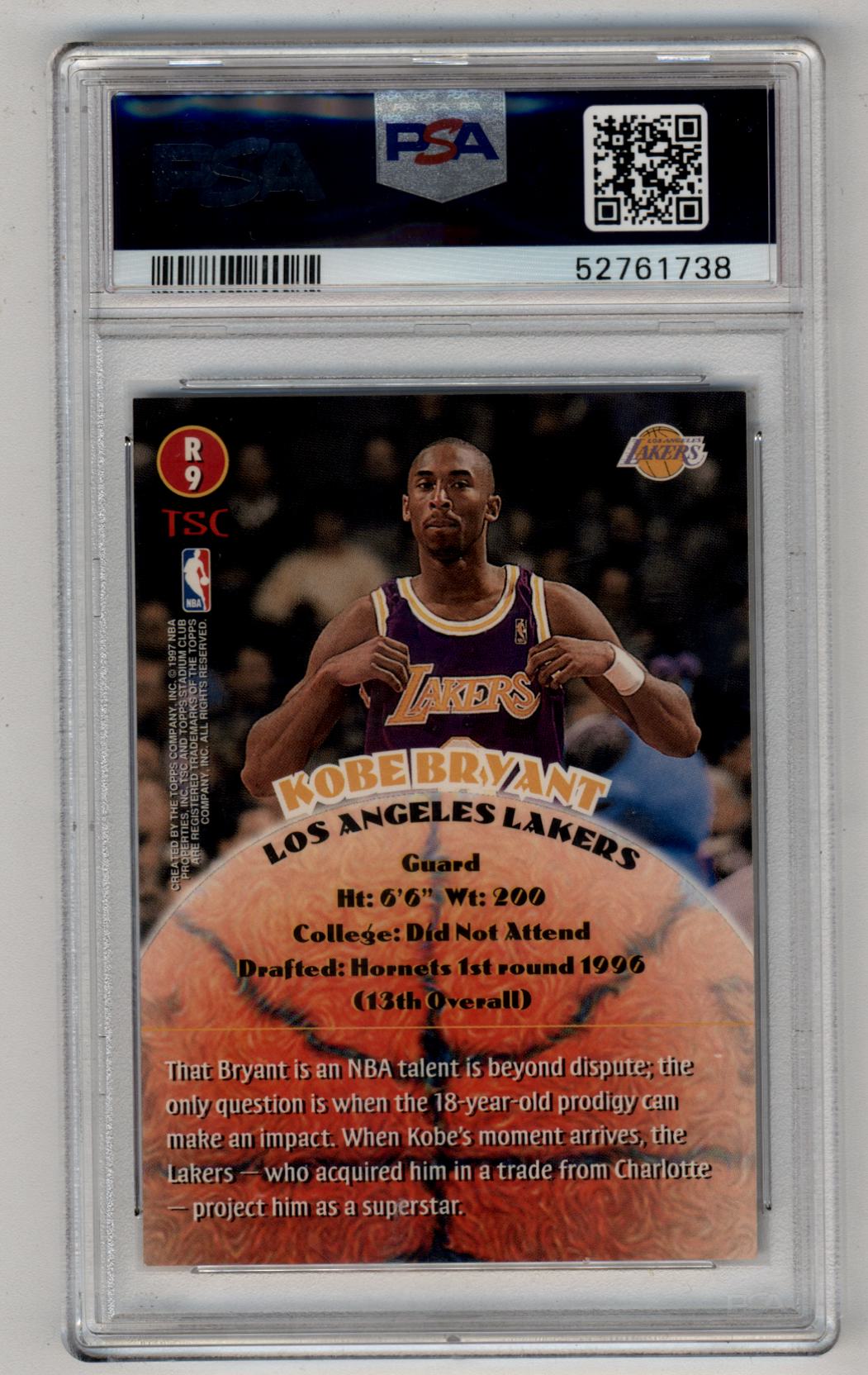 Kobe Bryant 1996-97 Stadium Club Rookies 2 #R9 PSA 10 Gem Mint 1738