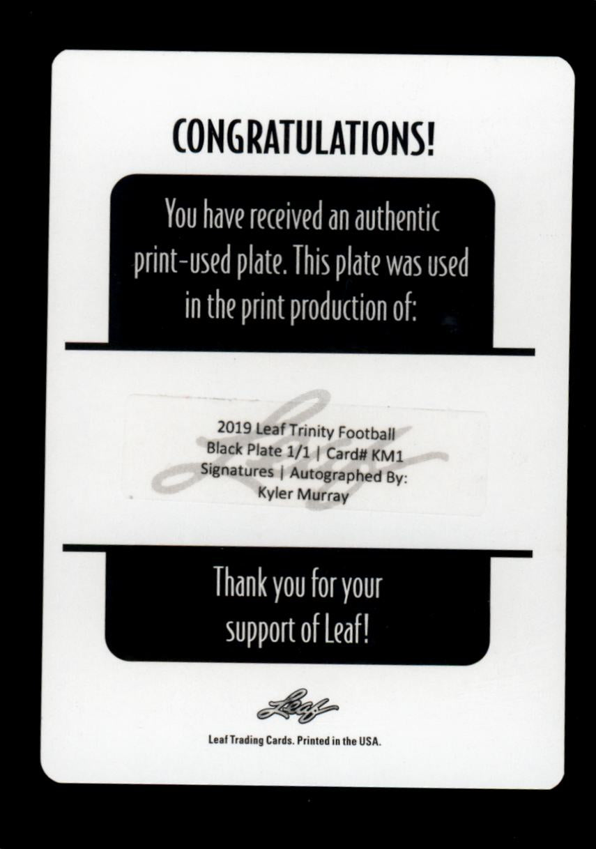 Kyler Murray 2019 Leaf Trinity Black Plate 1/1 Auto