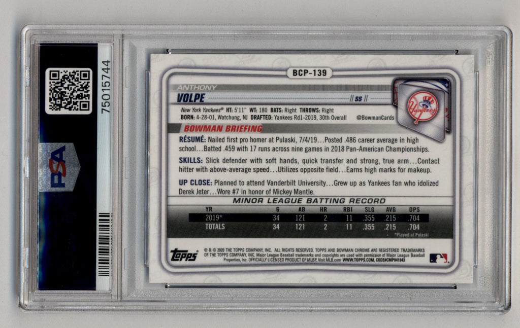 Anthony Volpe 2020 Bowman Chrome Sapphire Edition #BCP139 PSA 10