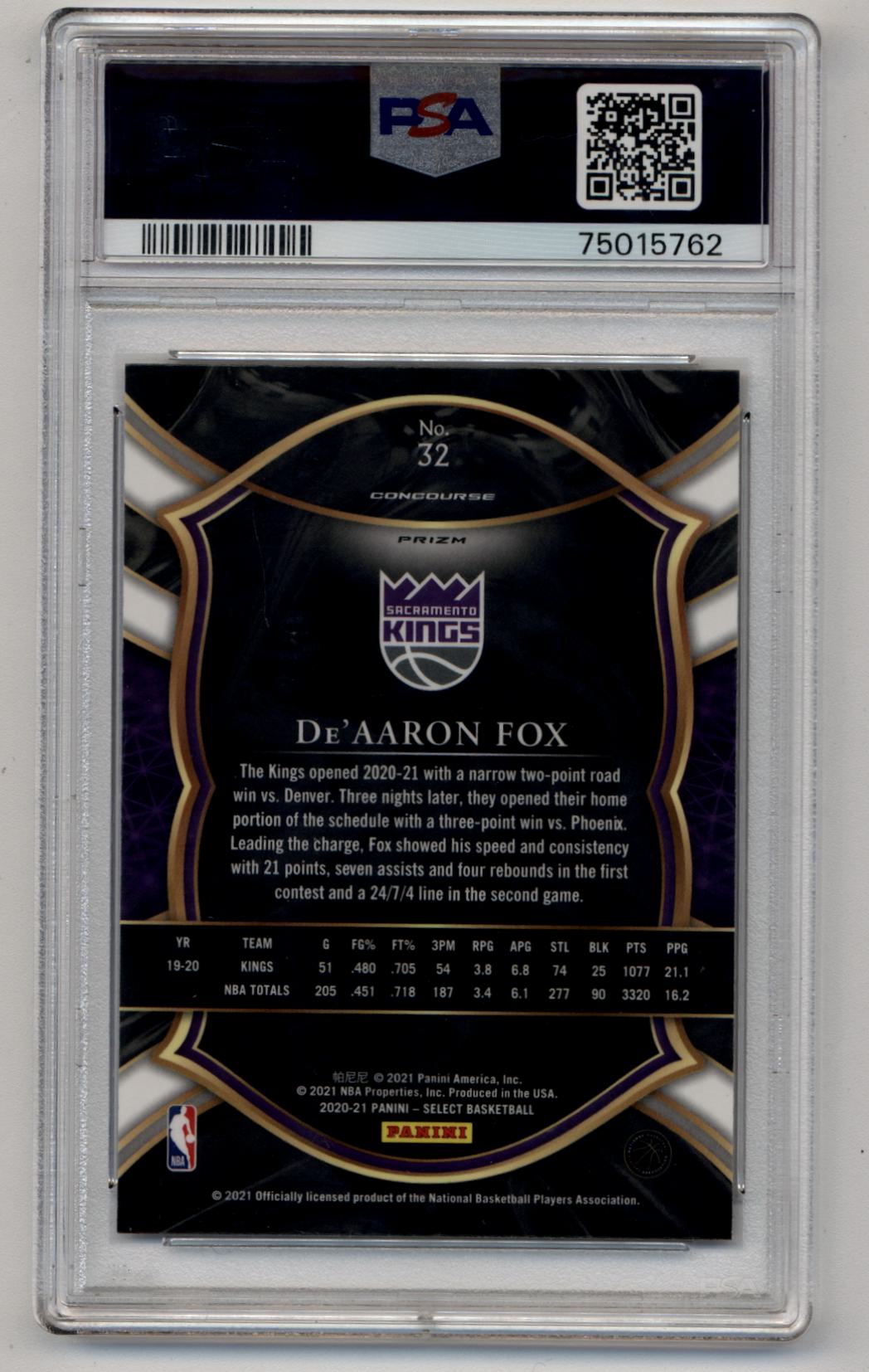 De'Aaron Fox 2020-21 Select Elephant #32 PSA 10 Gem Mint