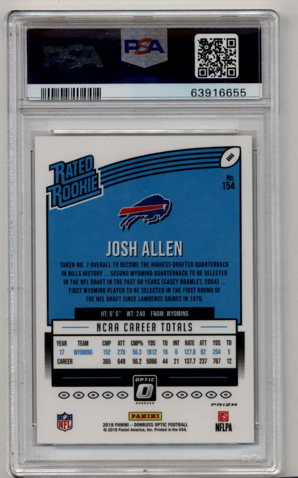 Josh Allen 2018 Donruss Optic #154 Holo PSA 9 Mint 6655