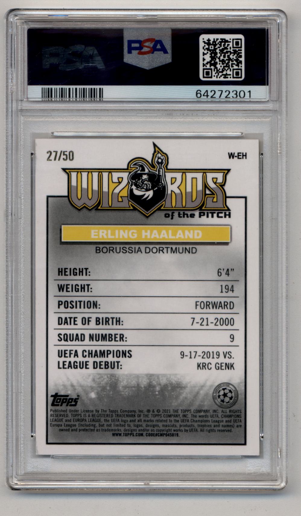 Erling Haaland 2020-21 Merlin Chrome UCL Wizards of the Pitch Gold Refractor 27/50 PSA 9 Mint