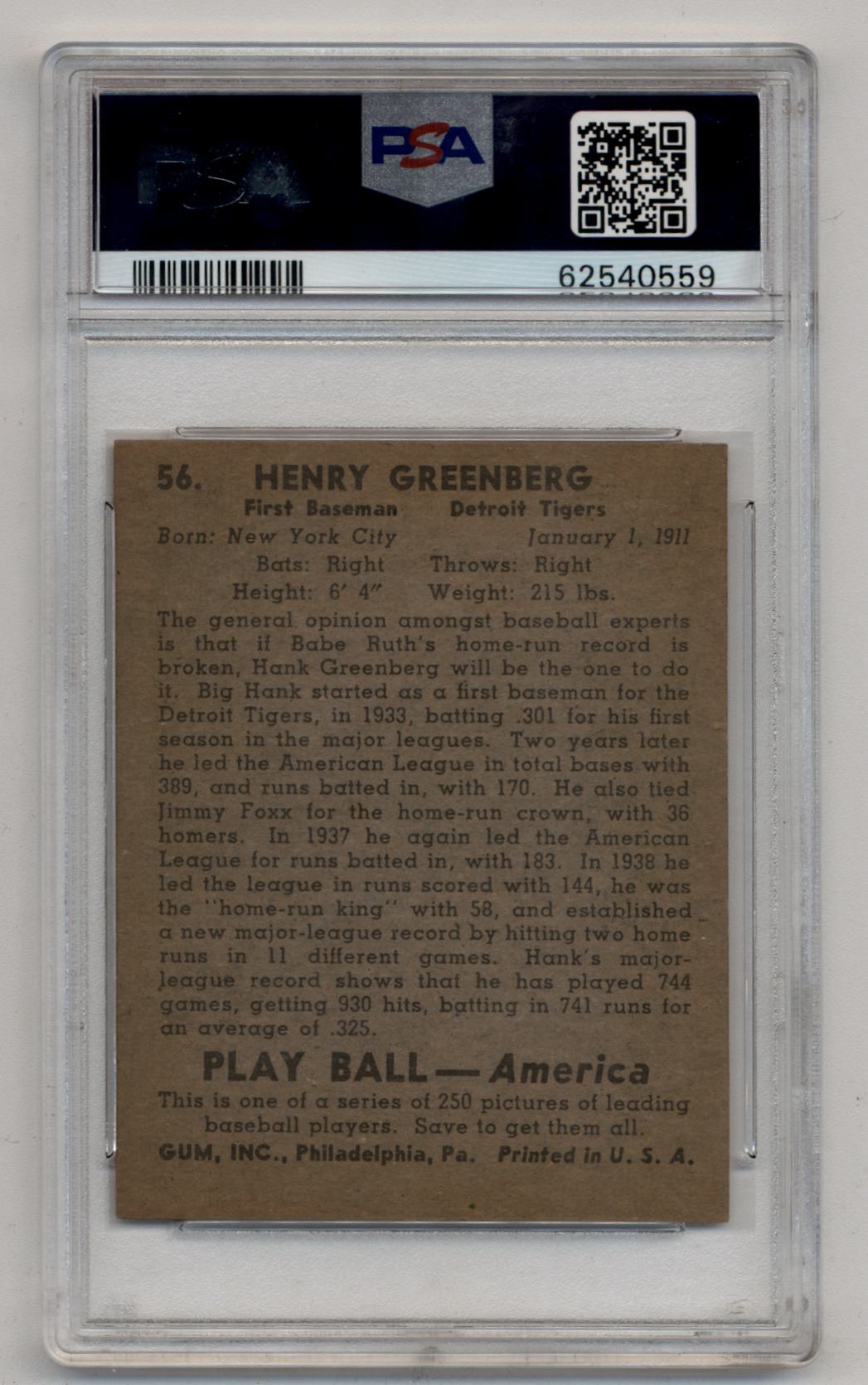Hank Greenberg 1939 Play Ball #56 PSA 5 Excellent