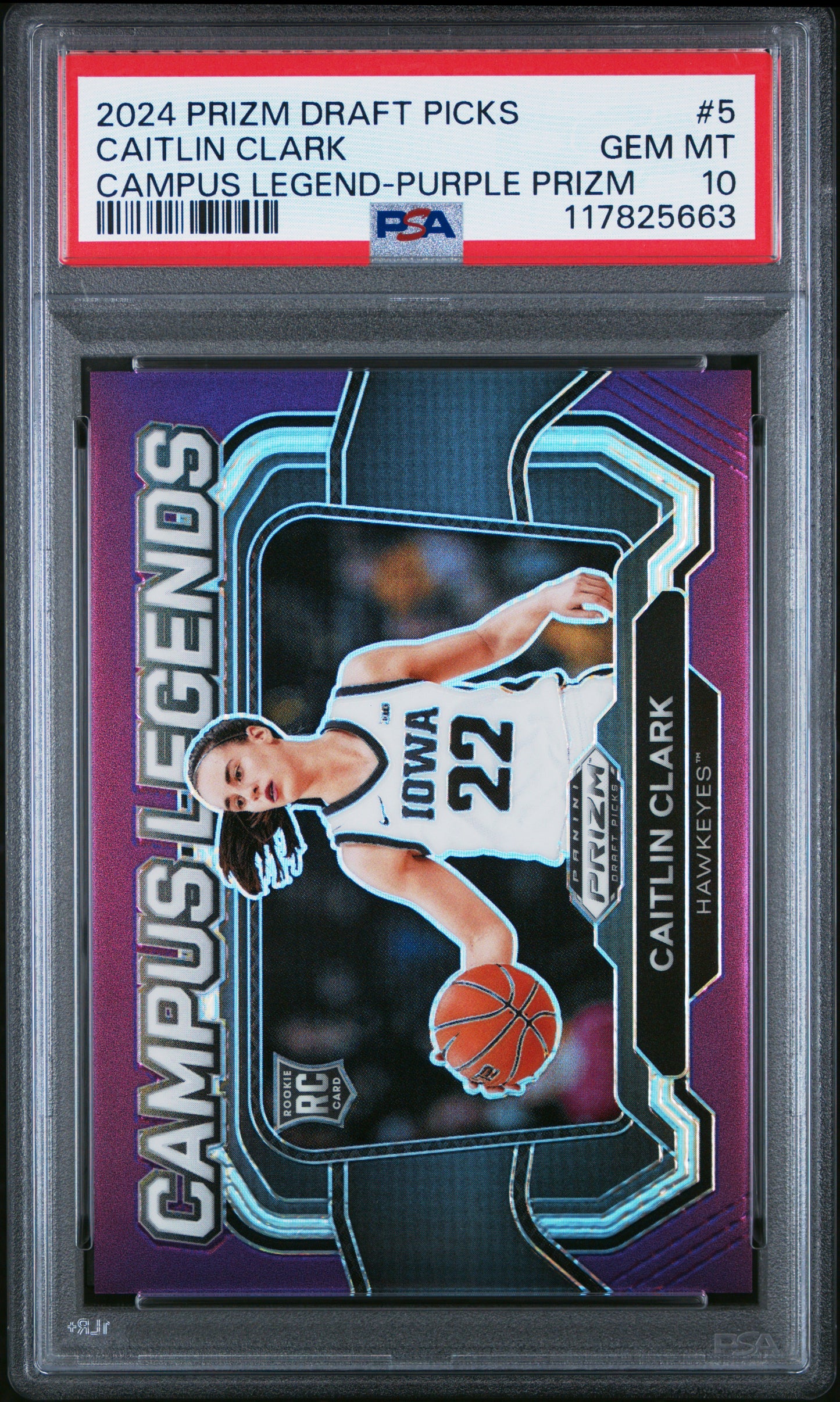 Caitlin Clark 2024 Panini Prizm Draft Campus Legend Purple Prizm #57/75 PSA 10 Gem Mint