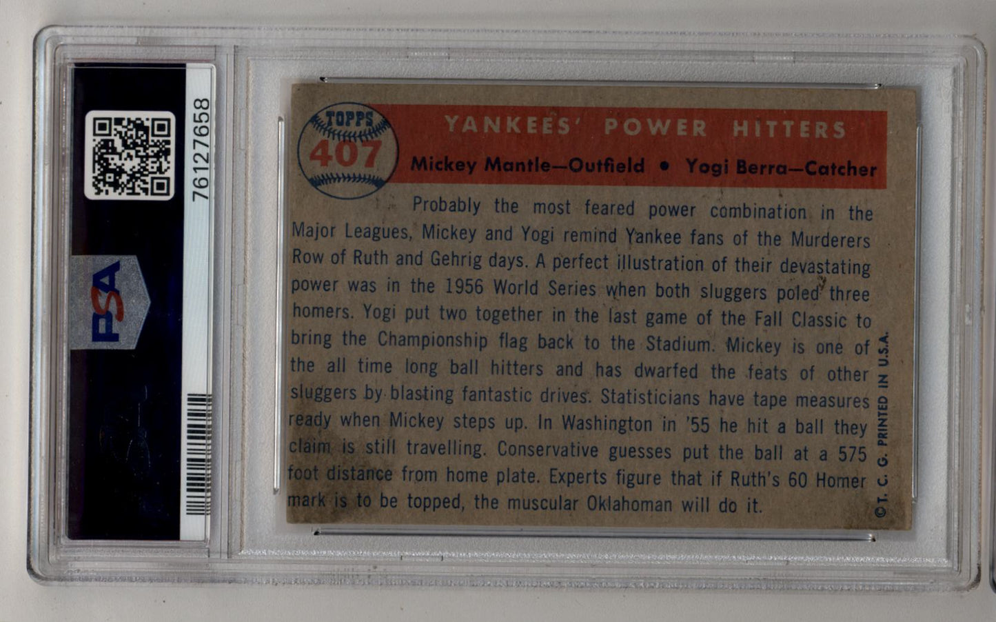 Mantle/Berra 1957 Topps Yankees Power Hitters #407 PSA 4 Very Good-Excellent (MC) 7658