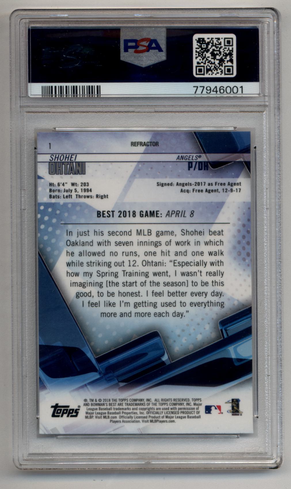 Shohei Ohtani 2018 Bowman's Best Refractor #1 PSA 10 Gem Mint 6001