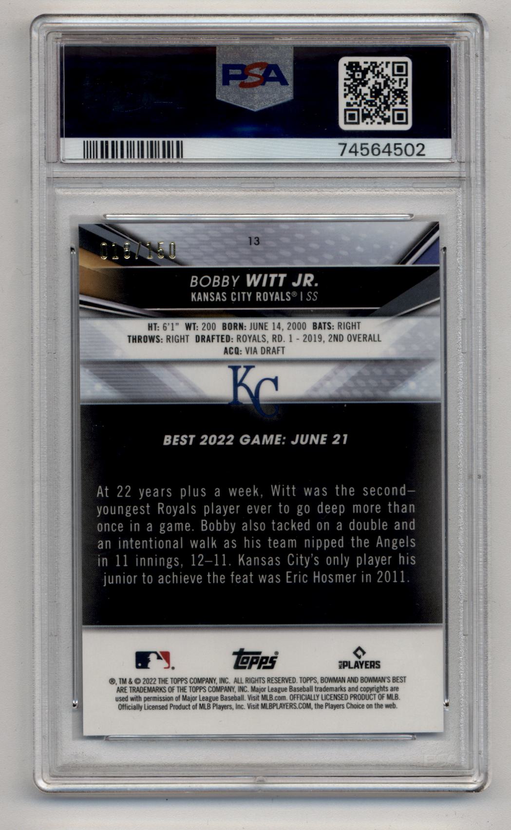 Bobby Witt Jr 2022 Bowman's Best Blue Refractor 016/150 PSA 10 Gem Mint