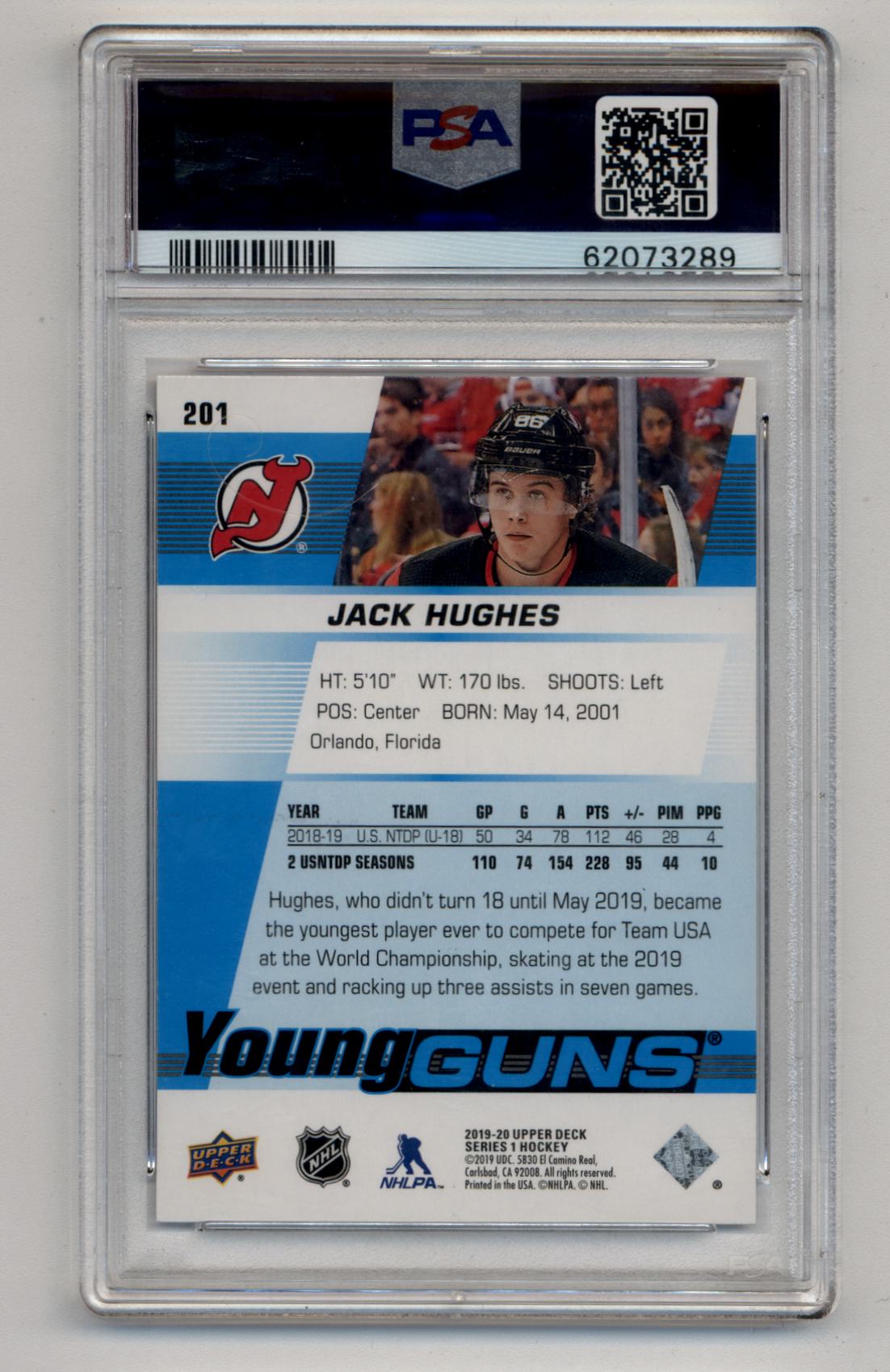 Jack Hughes 2019-20 Upper Deck #201 Young Gun PSA 10 Gem Mint 3289