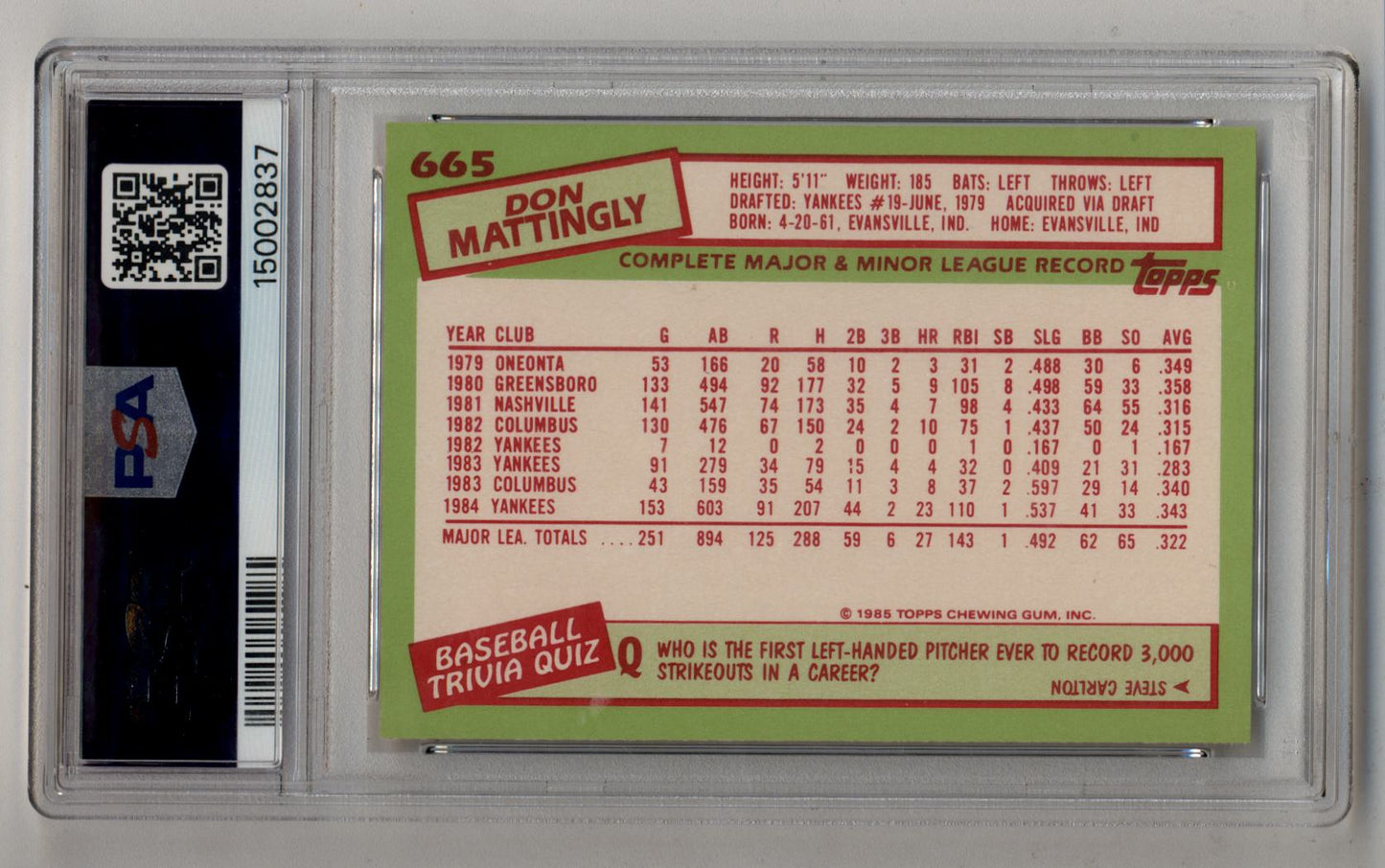 Don Mattingly 1985 Topps Tiffany #665 PSA 10 Gem Mint