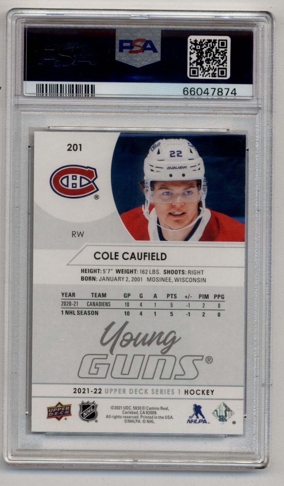 Cole Caufield 2021-22 Upper Deck Young Gun #201 PSA 10 Gem Mint 7874