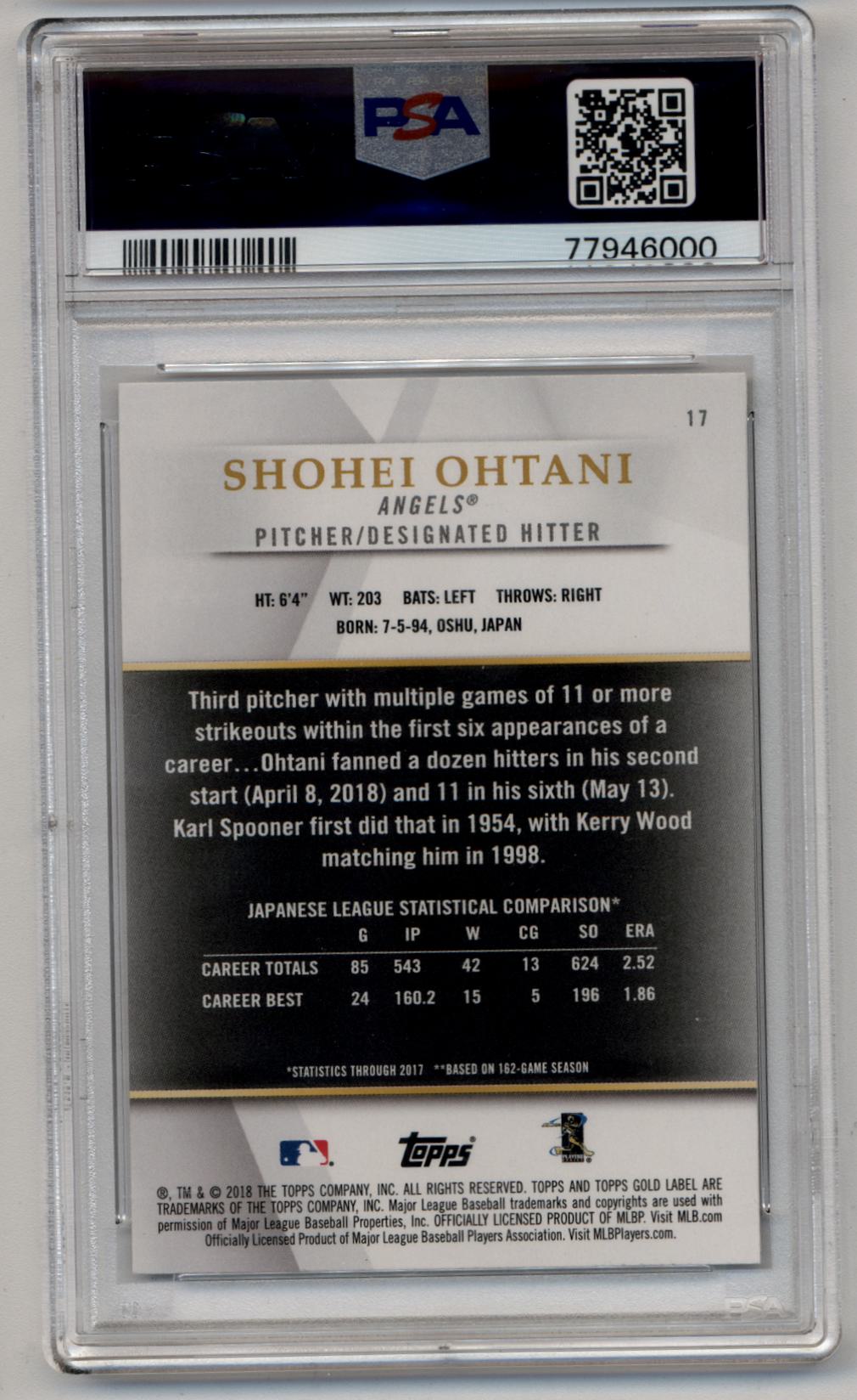 Shohei Ohtani 2018 Topps Gold Label #17 Class 1 PSA 10 Gem Mint