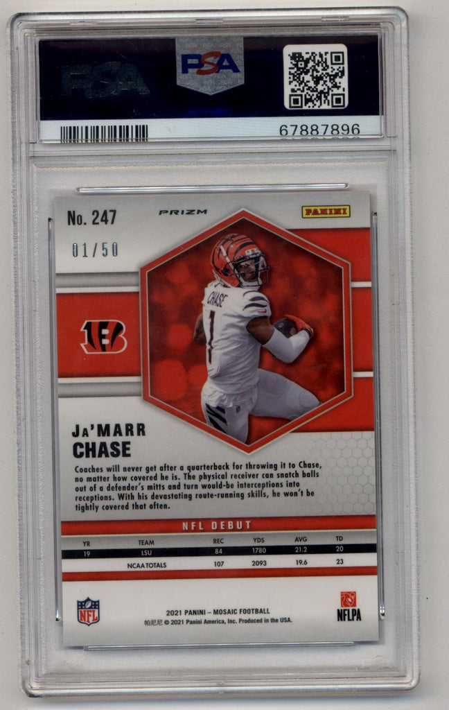 Ja'Marr Chase 2021 Mosaic 247 No Huddle Purple 01/50 PSA 9 Mint