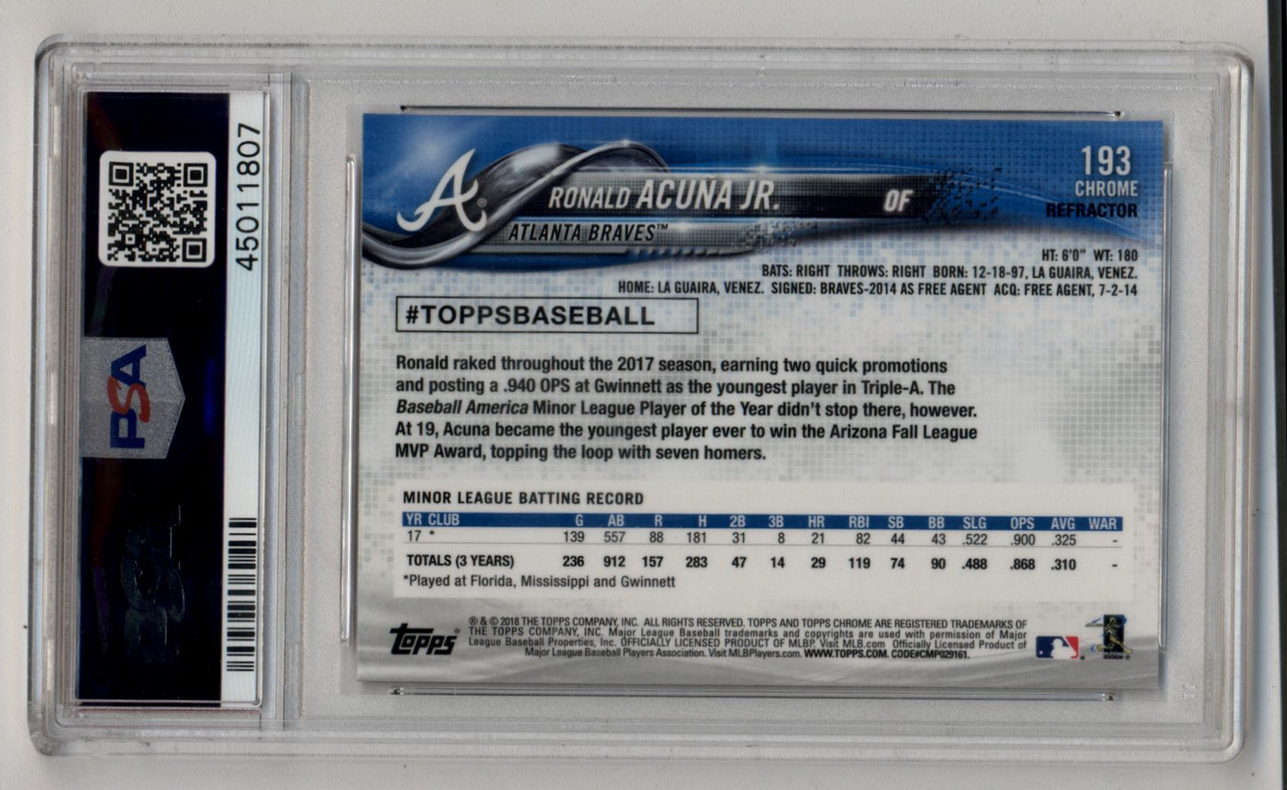 Ronald Acuna Jr 2018 Topps Chrome X-Fractor PSA 10 Gem Mint 1807