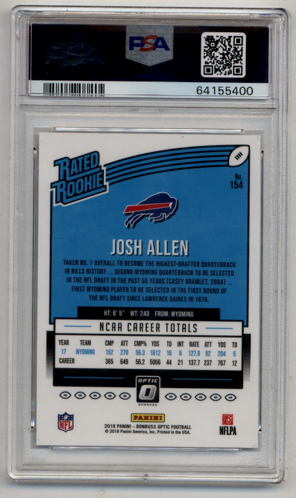 Josh Allen 2018 Donruss Optic #154 PSA 10 Gem Mint 5400