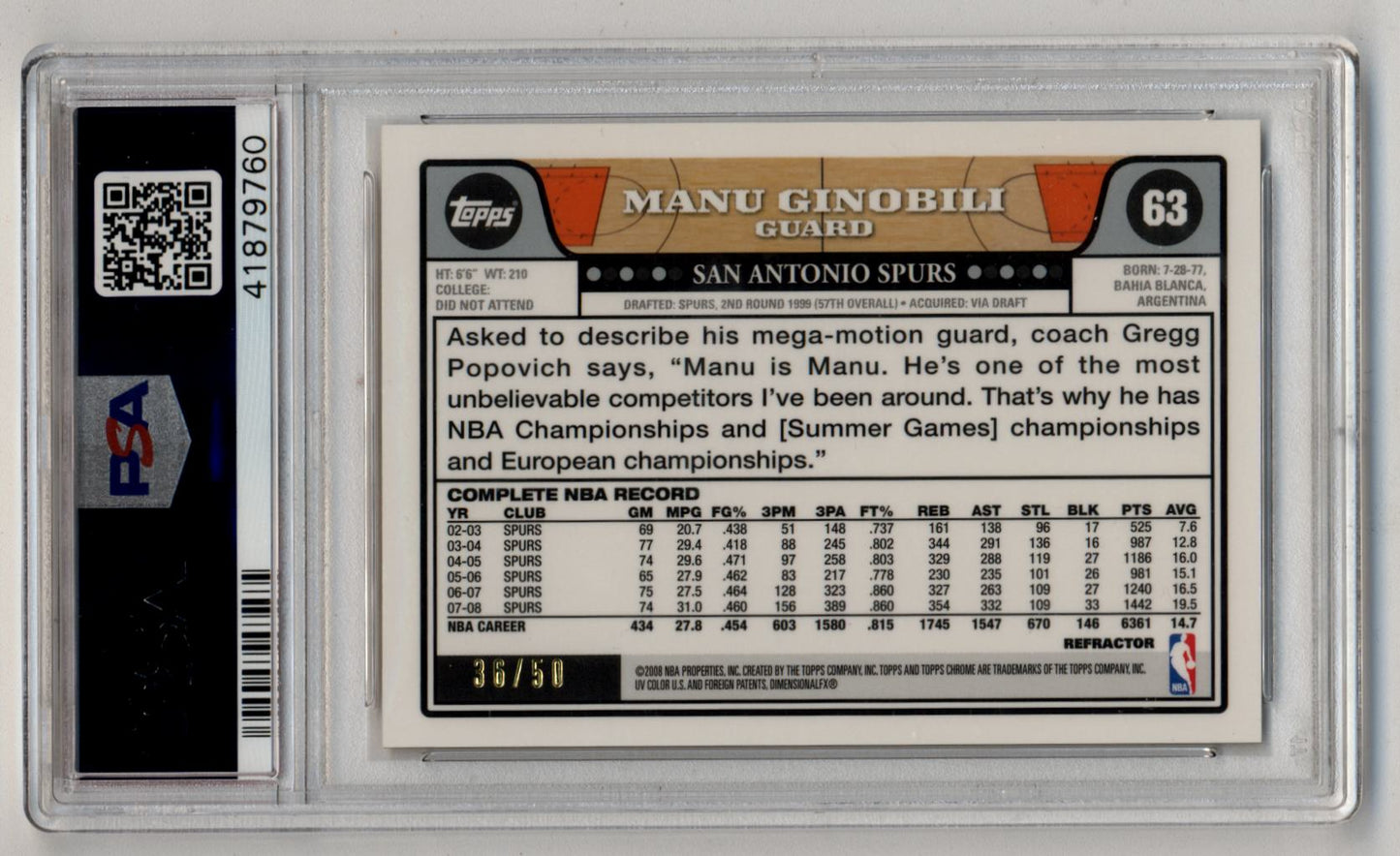 Manu Ginobili 2008-09 Topps Chrome Gold Refractor #63 36/50 PSA 10 Gem Mint