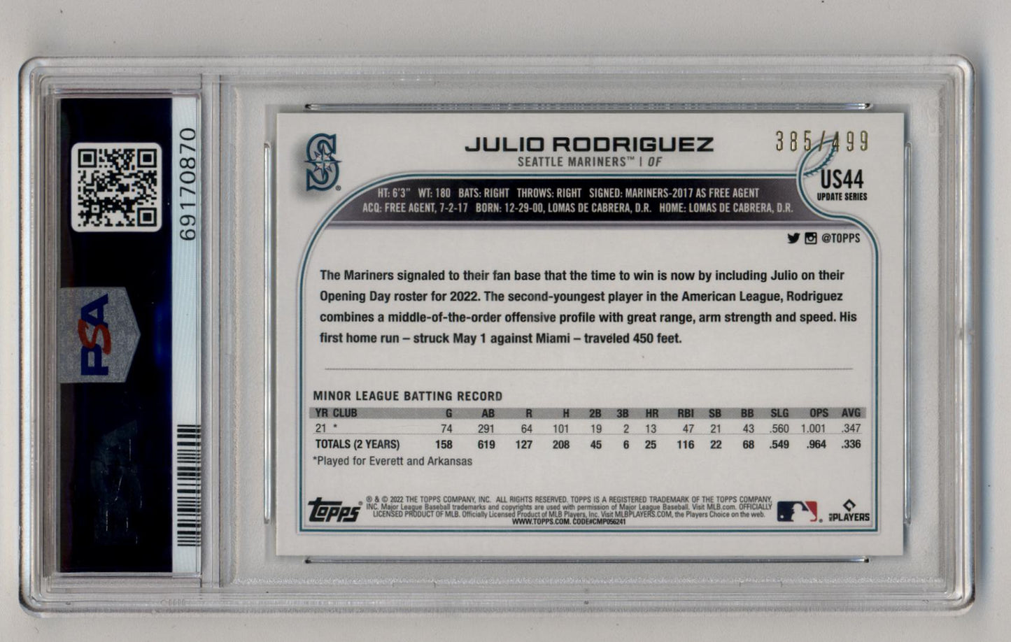 Julio Rodriguez 2022 Topps Update Green Foil #US44 385/499 PSA 10 Gem Mint