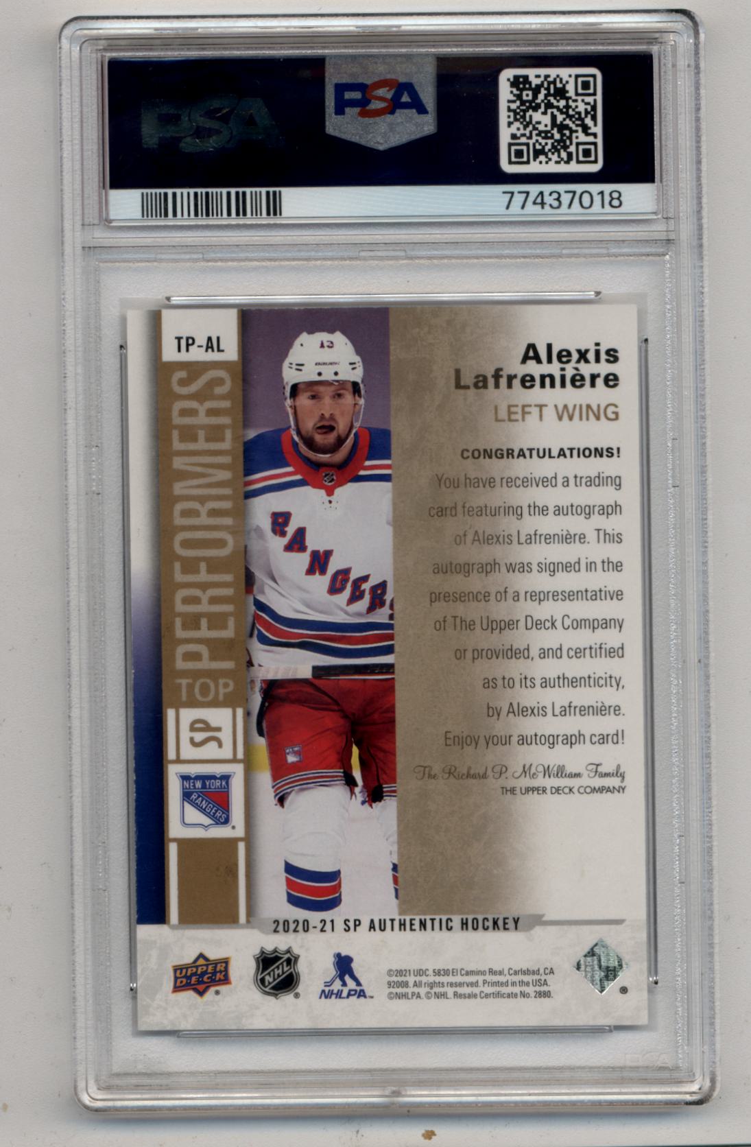 Alexis Lafreniere 2020-21 SP Authentic Top Performers Auto PSA 9 Mint