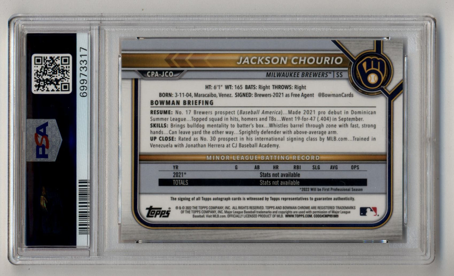 Jackson Chourio 2022 Bowman Chrome Orange Shimmer Auto 01/25 PSA 9 Mint