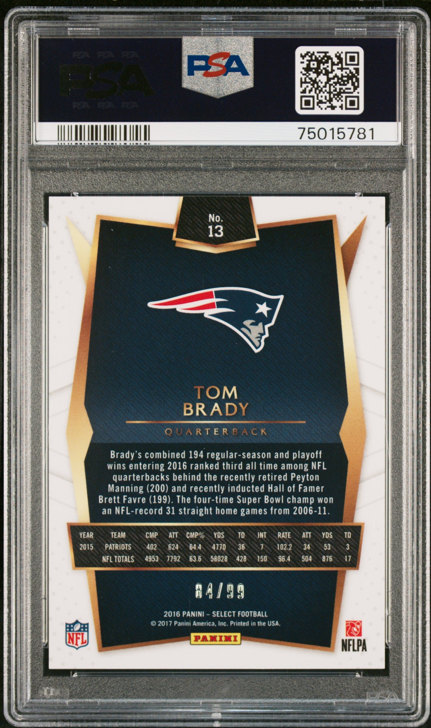 Tom Brady 2016 Panini Select #13 Red Prizm #84/99 PSA 9 Mint