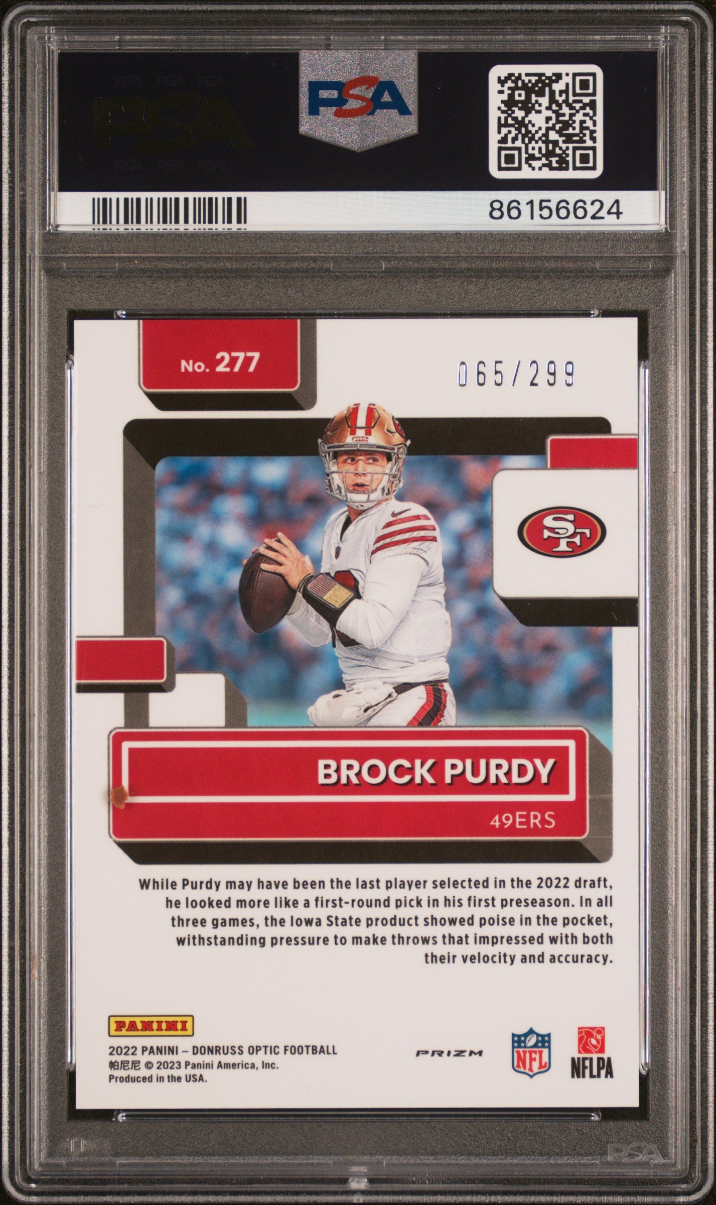 Brock Purdy 2022 Donruss Optic Rookie #277 Aqua #65/299 PSA 10 Gem Mint