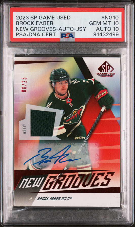Brock Faber 2023 Upper Deck SP Game Used Jersey Auto #6/25 PSA 10 Auto 10