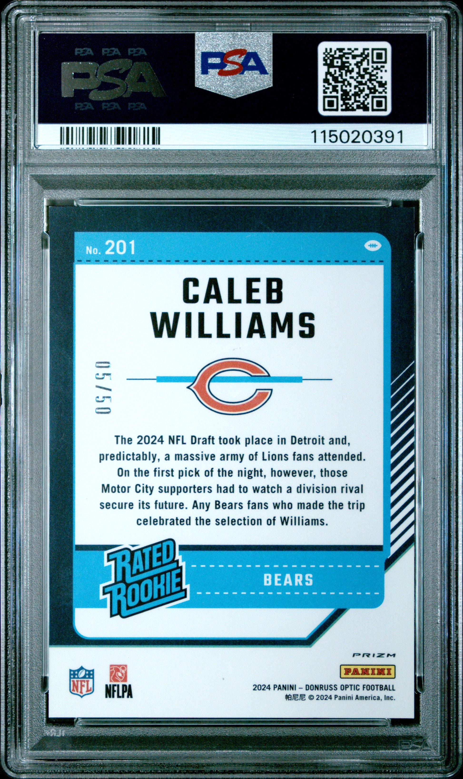 Caleb Williams 2024 Donruss Optic Rookie #201 Lime Green #5/50 PSA 9 Mint