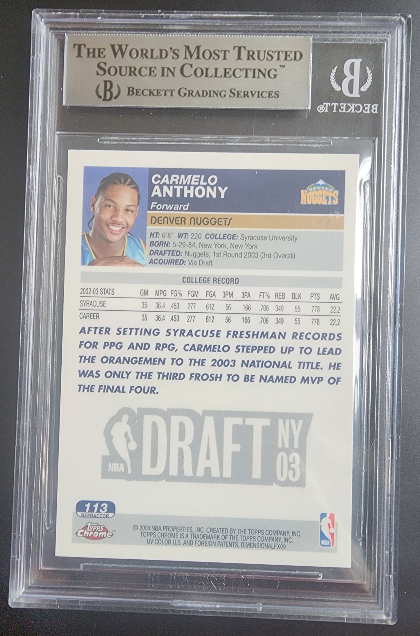 Carmelo Anthony 2003 Topps Chrome Refractor #113 BGS 9 Mint