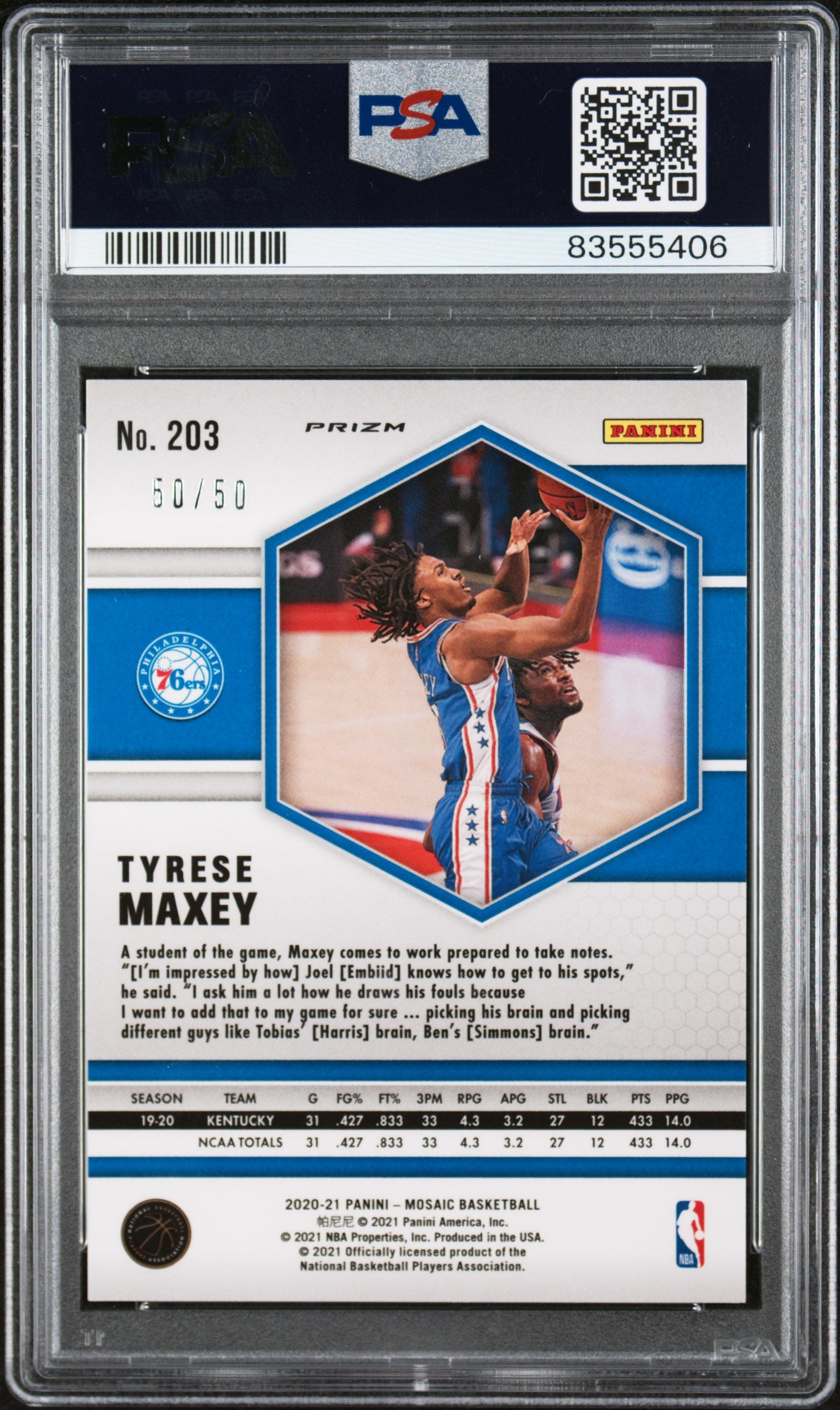 Tyrese Maxey 2020 Mosaic #203 Fast Break Purple #50/50 PSA 9 Mint