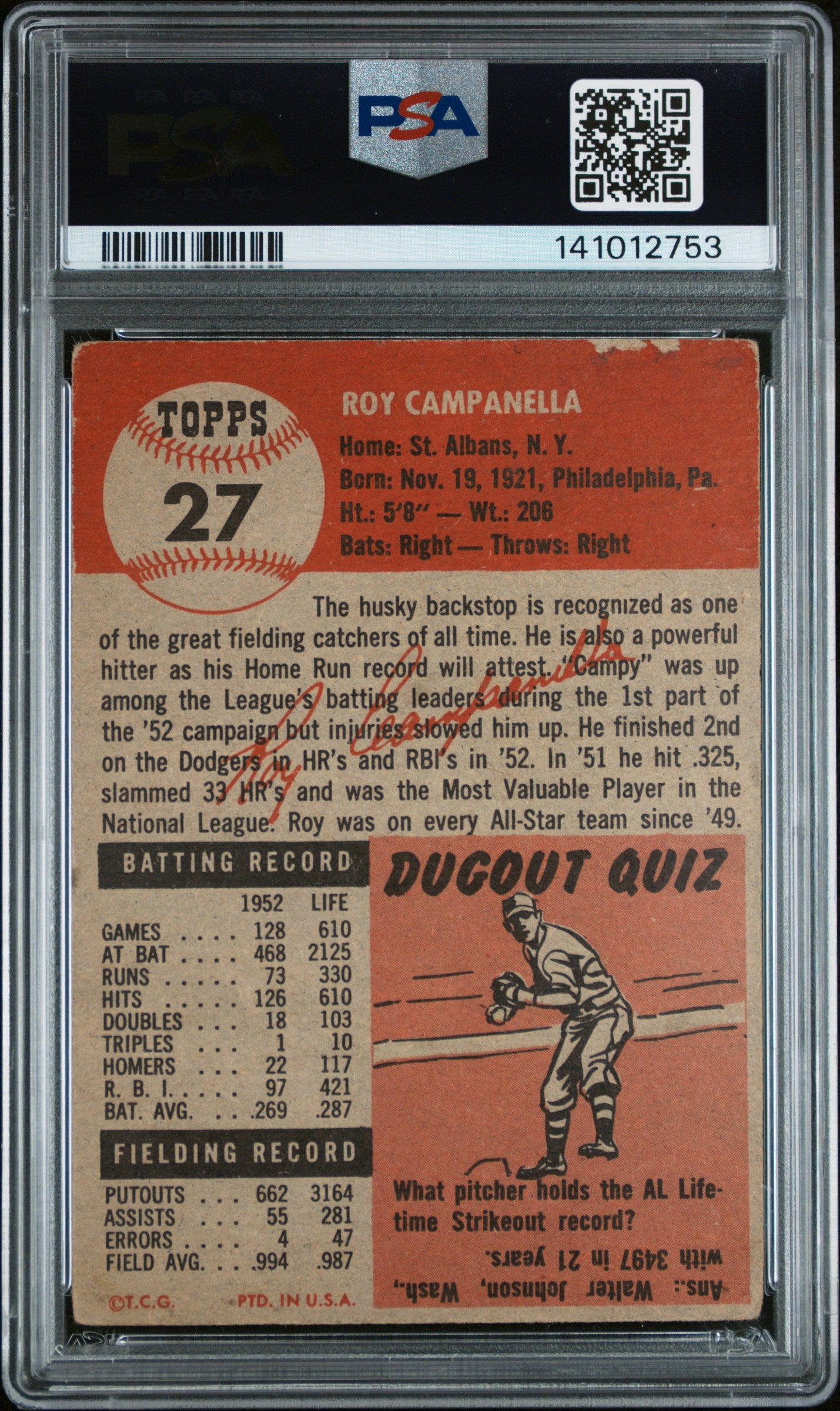 Roy Campanella 1953 Topps #27 PSA 1.5 Fair