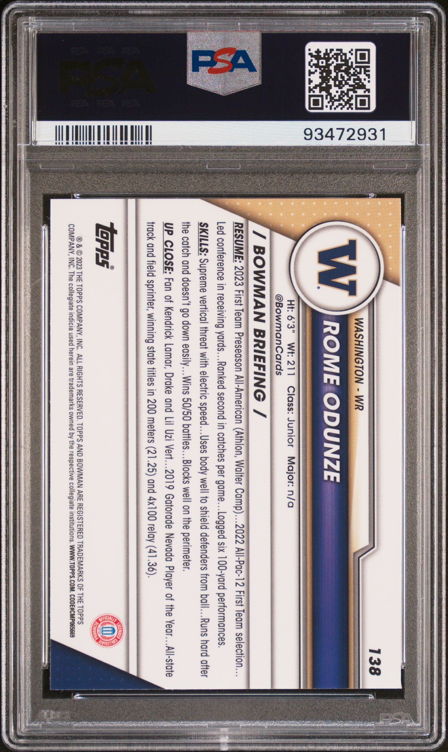 Rome Odunze 2023 Bowman Chrome University #138 Xfractor PSA 10 Gem Mint