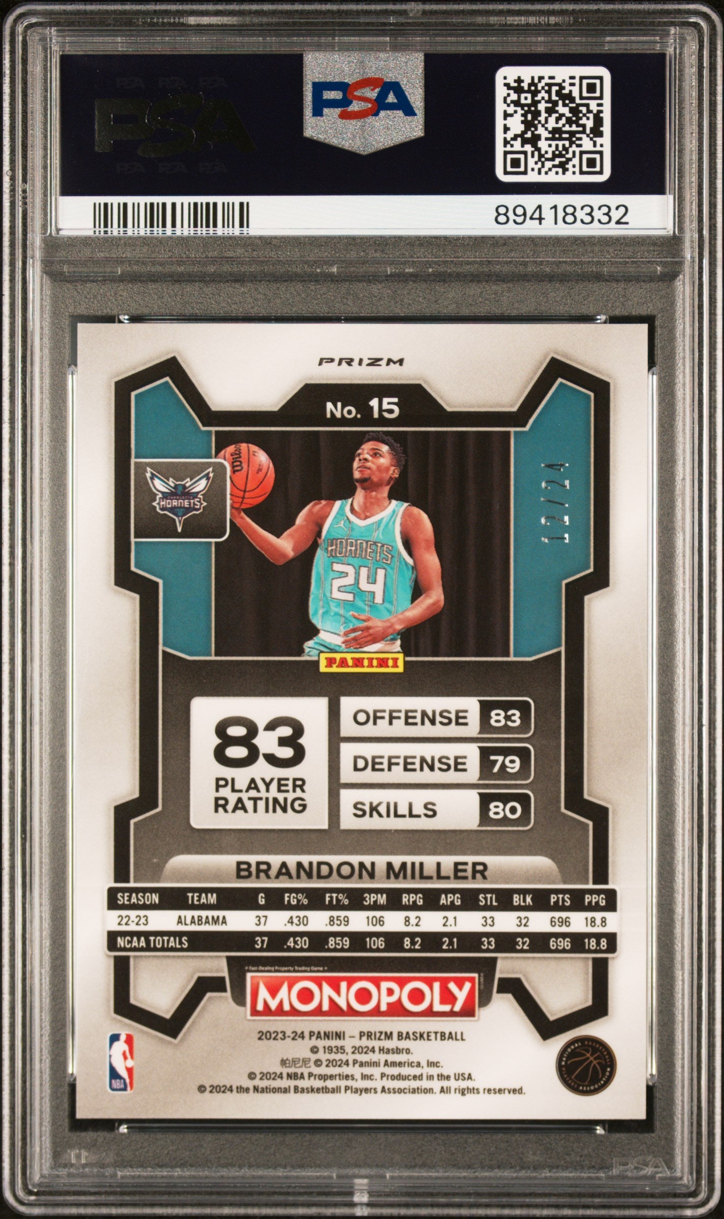 Brandon Miller 2023 Panini Prizm Monopoly #15 Green Prizm #12/24 PSA 10 Gem Mint