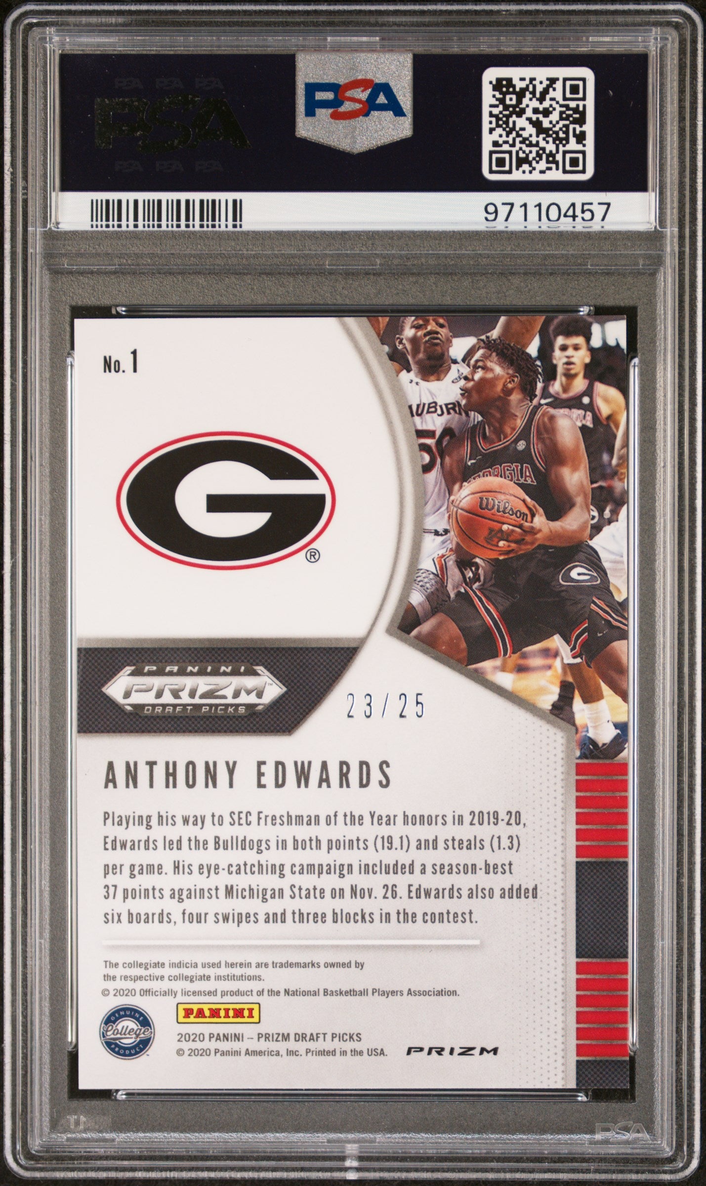 Anthony Edwards 2020 Panini Prizm Draft Picks #1 Fast Break Pink #23/25 PSA 10 Gem Mint