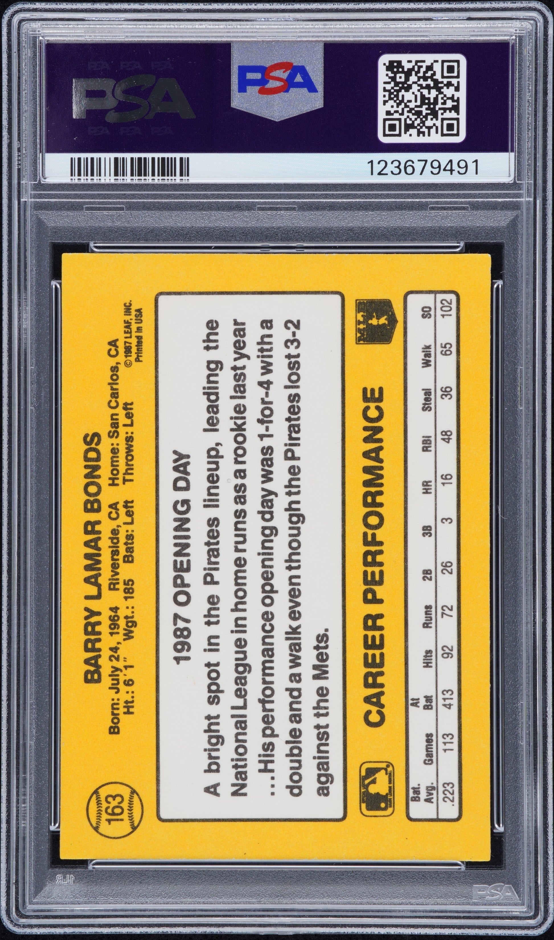 Barry Bonds 1987 Donruss Opening Day Johnny Ray Error #163 PSA 9 Mint