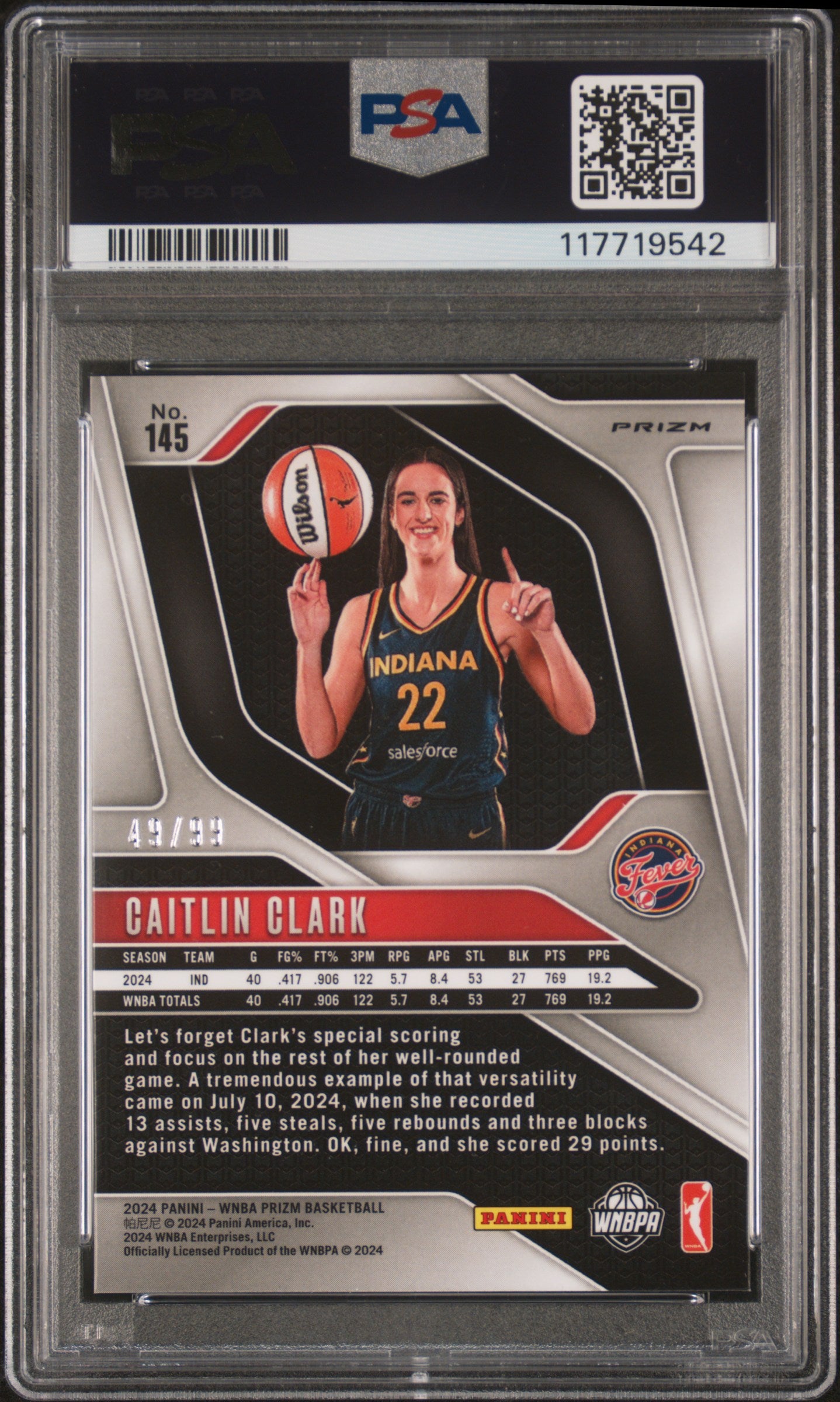 Caitlin Clark 2024 Panini Prizm WNBA Premium Set #49/99 PSA 10 Gem Mint