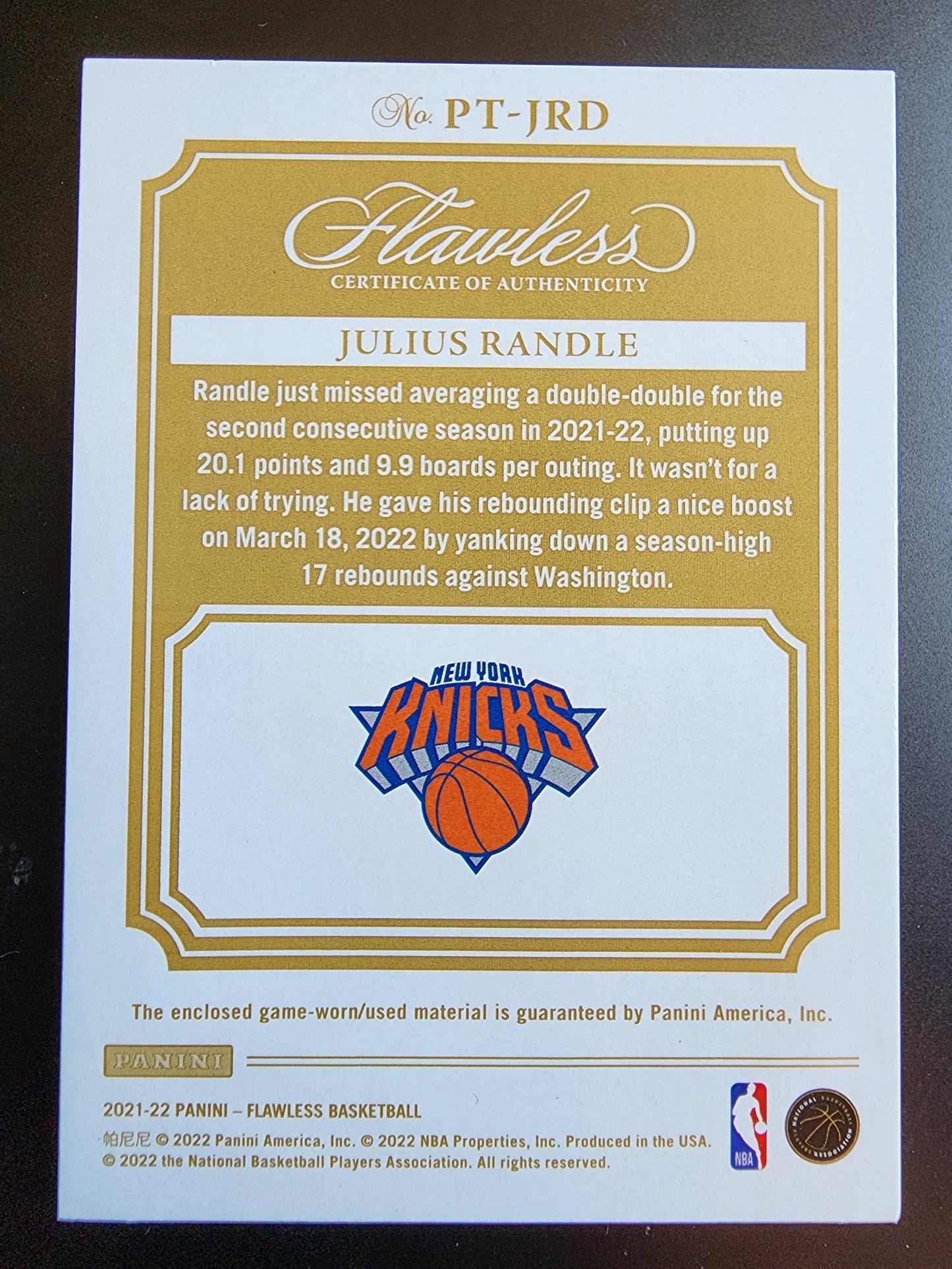 Julius Randle 2021 Panini Flawless Gold Jumbo Patch #7/10