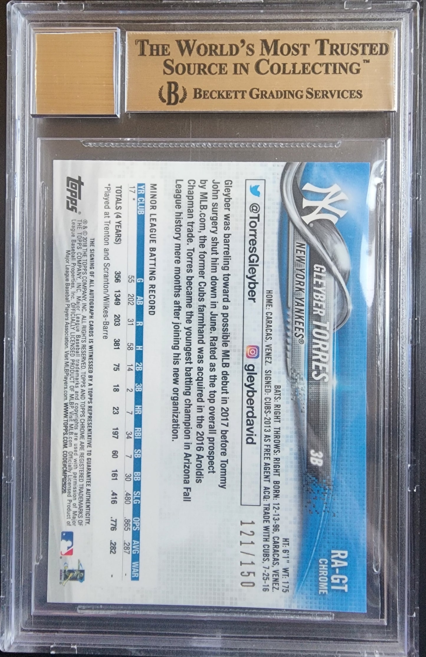 Gleyber Torres 2018 Topps Chrome Blue Wave Refractor Auto #121/150 BGS 10 Pristine Auto 10