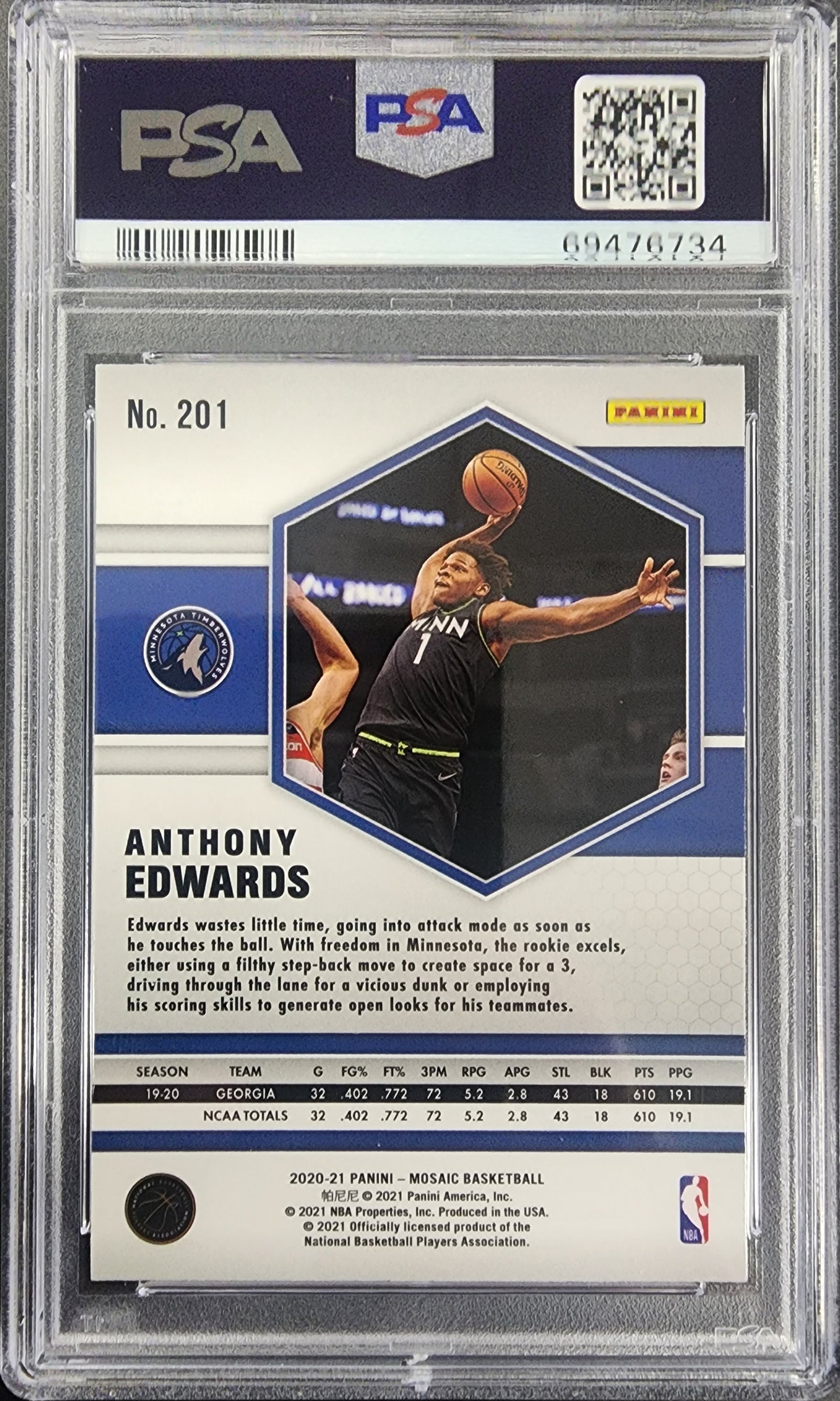 Anthony Edwards 2020 Panini Mosaic #201 Fast Break Silver PSA 9 Mint