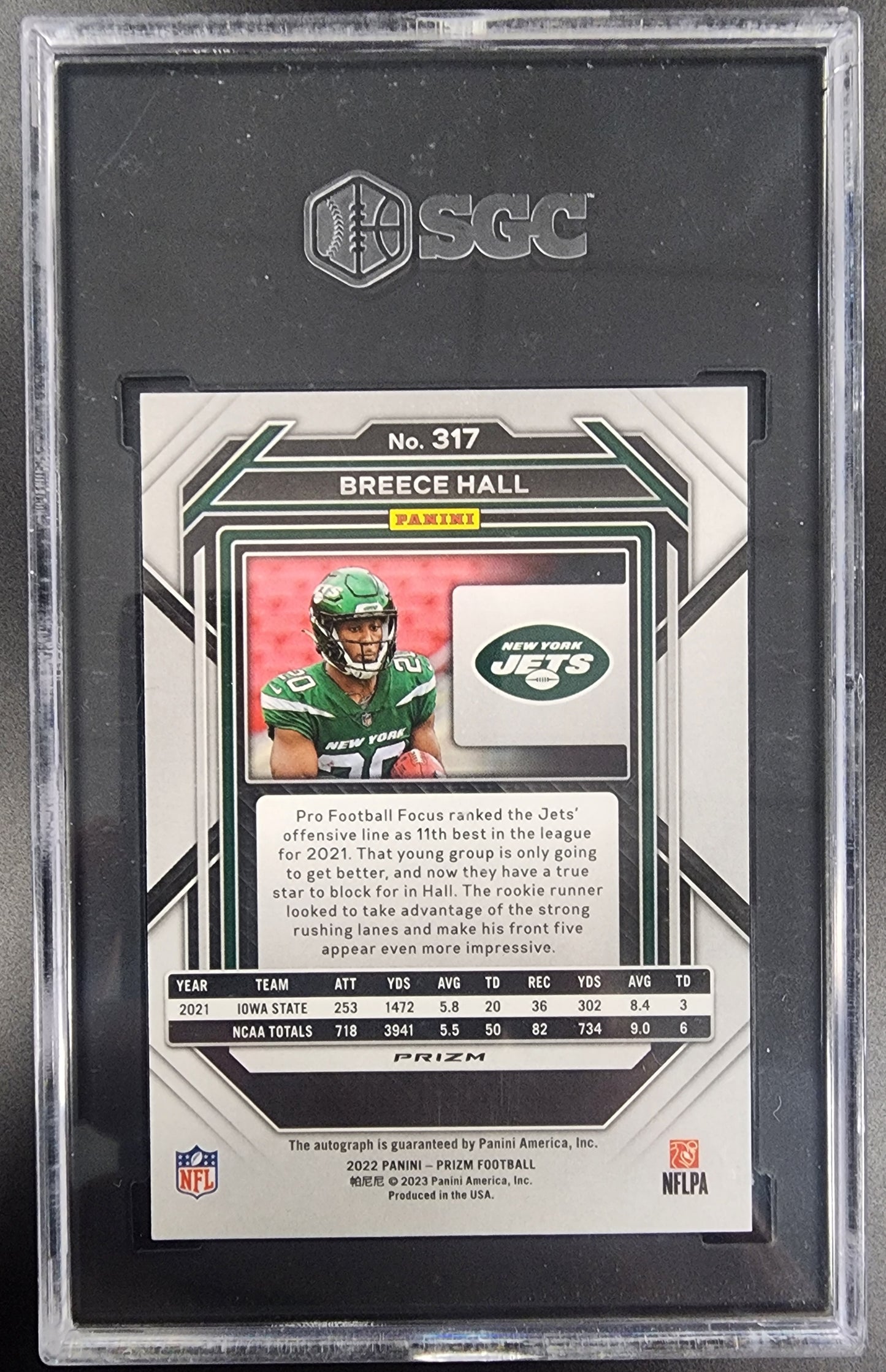 Breece Hall 2022 Panini Prizm #317 No Huddle Auto SGC 9 Mint