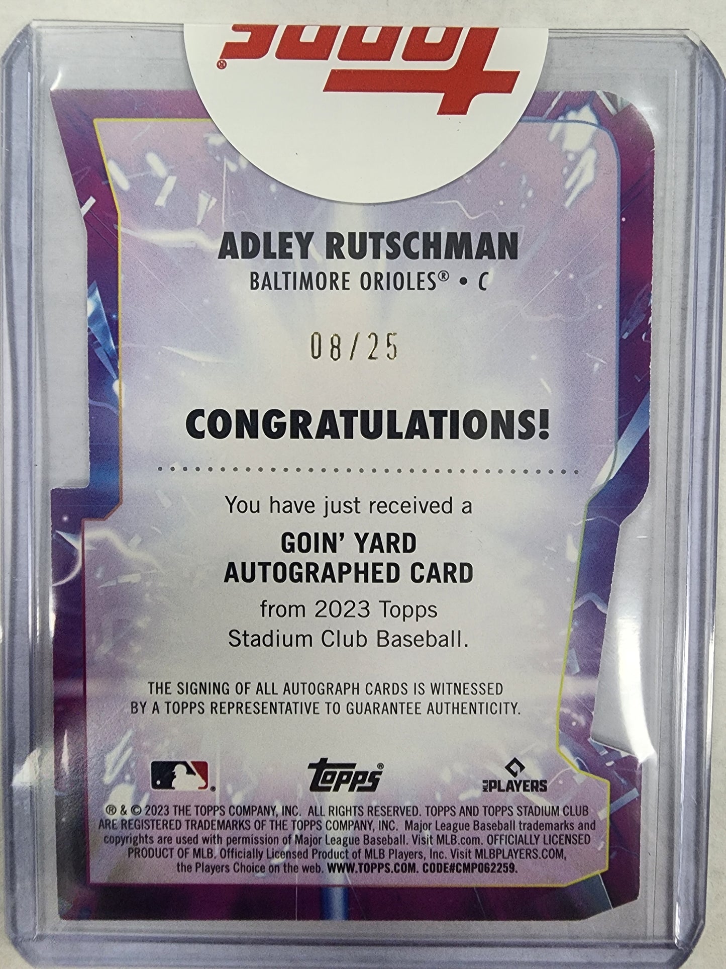 Adley Rutschman 2023 Topps Stadium Club Goin'Yard Auto #8/25