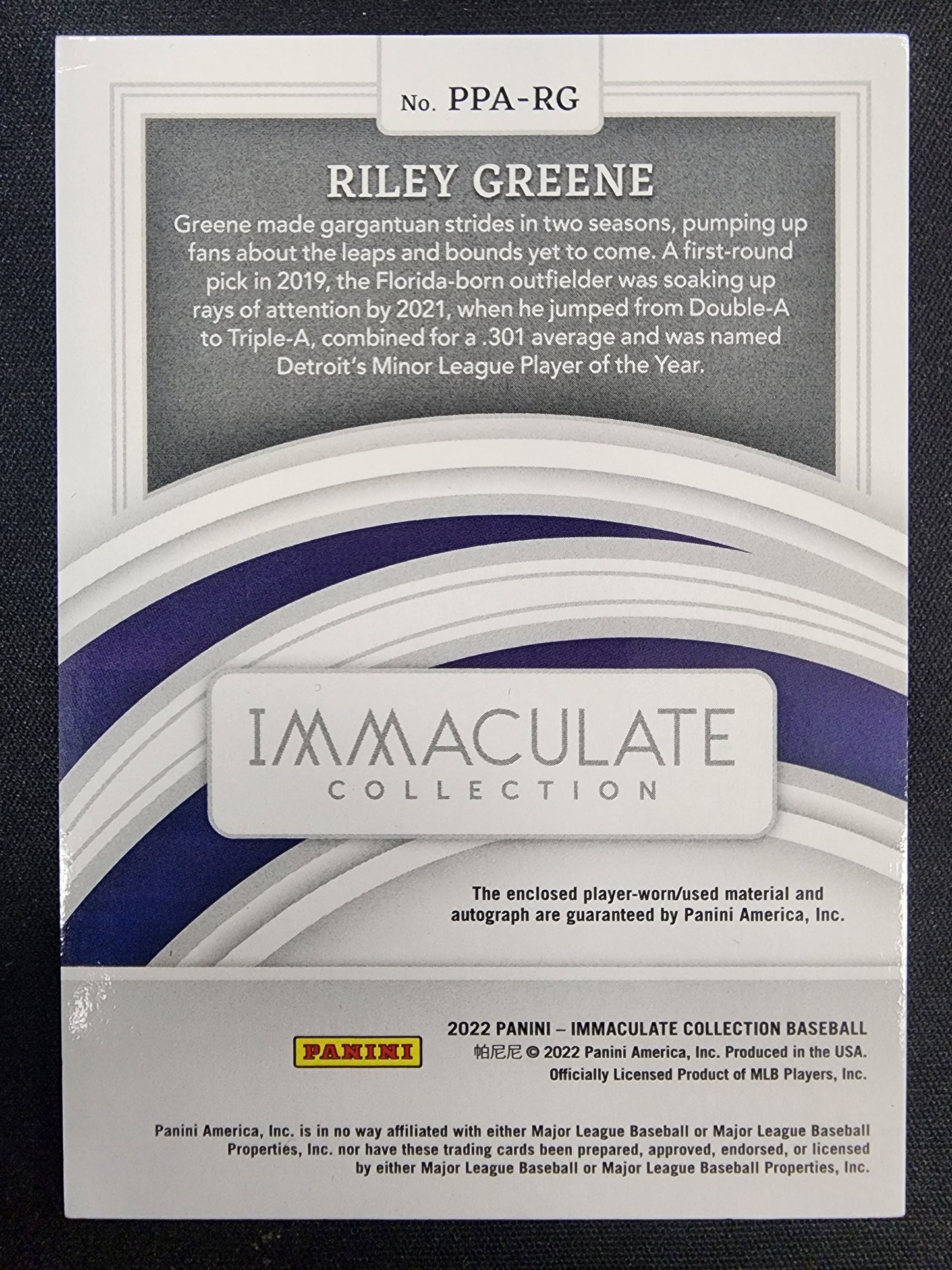 Riley Greene 2022 Panini Immaculate Emerald Patch Auto #4/5