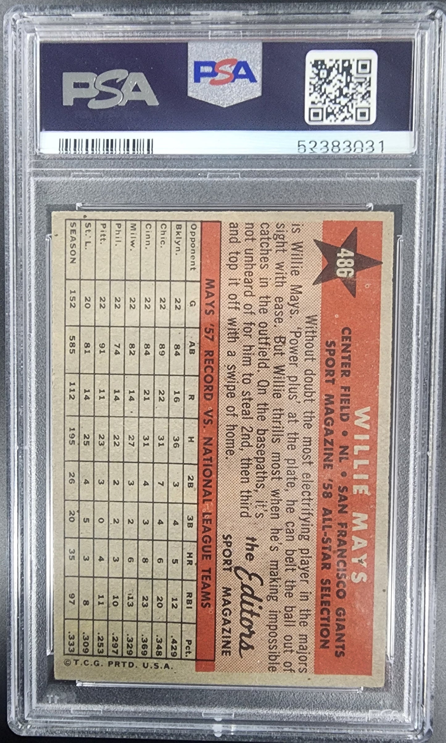 Willie Mays 1958 Topps All-Star #486 PSA 5 EX