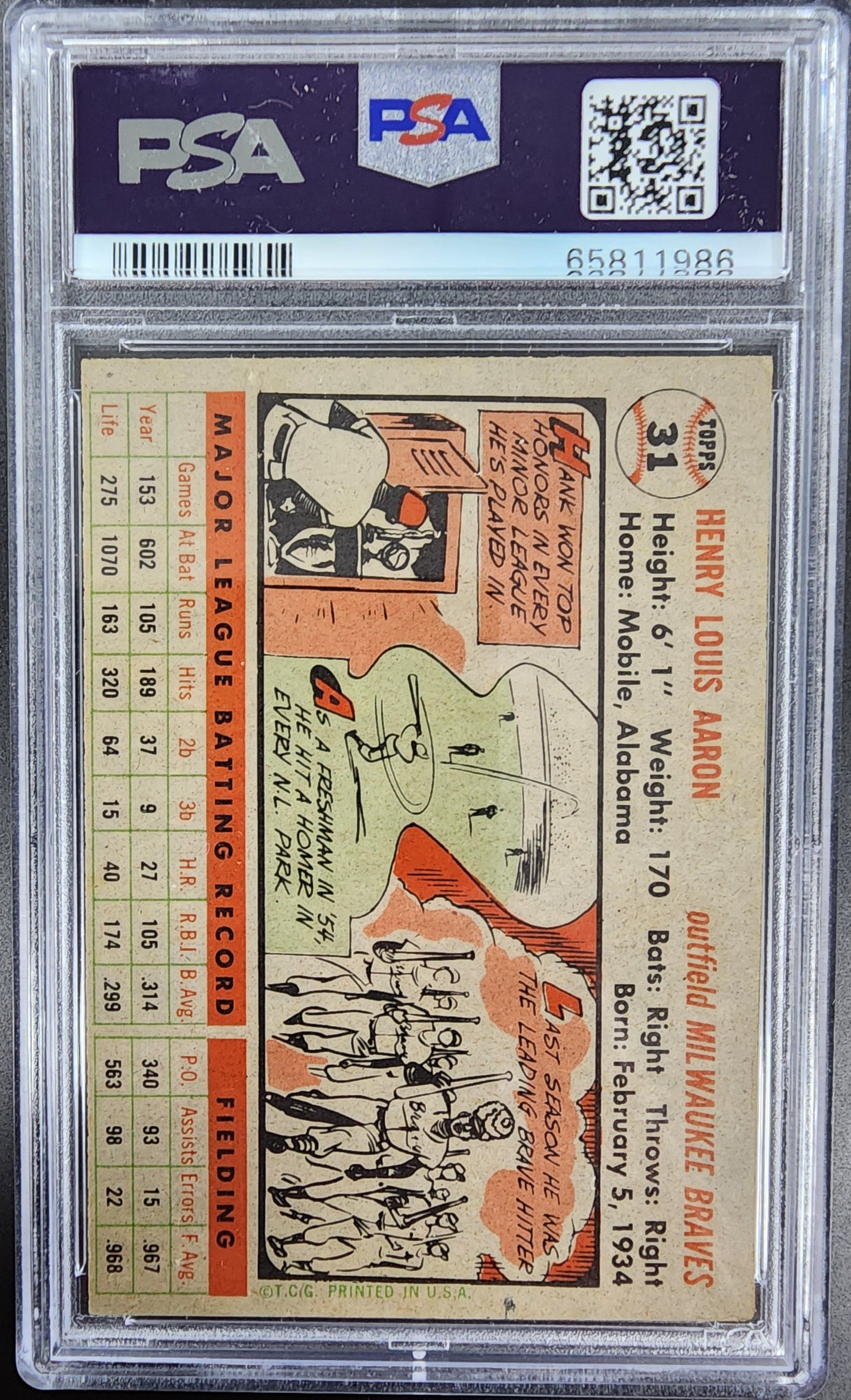 Hank Aaron 1956 Topps #31 Grey Back PSA 5 EX