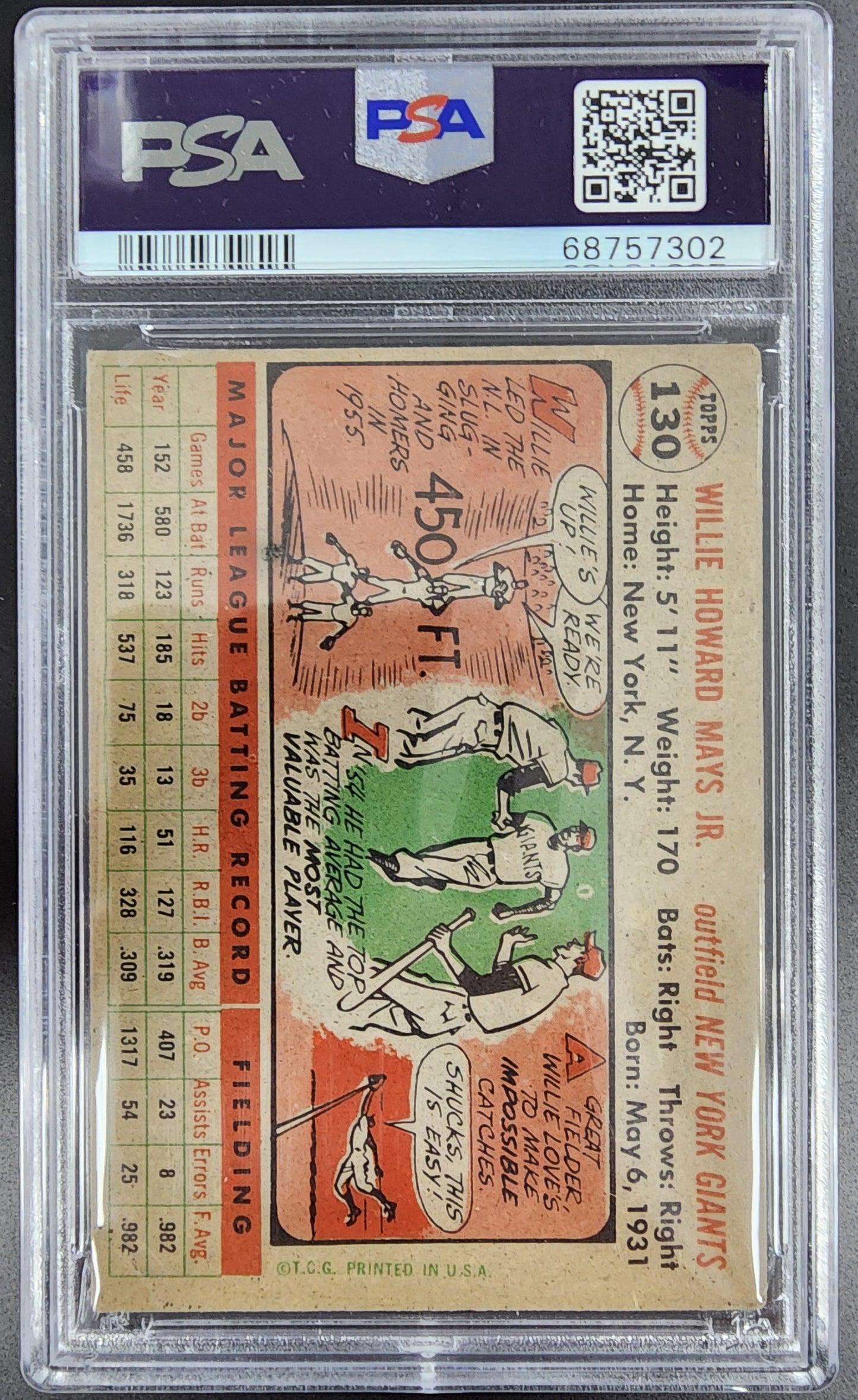 Willie Mays 1956 Topps #130 Grey Back PSA 4MK
