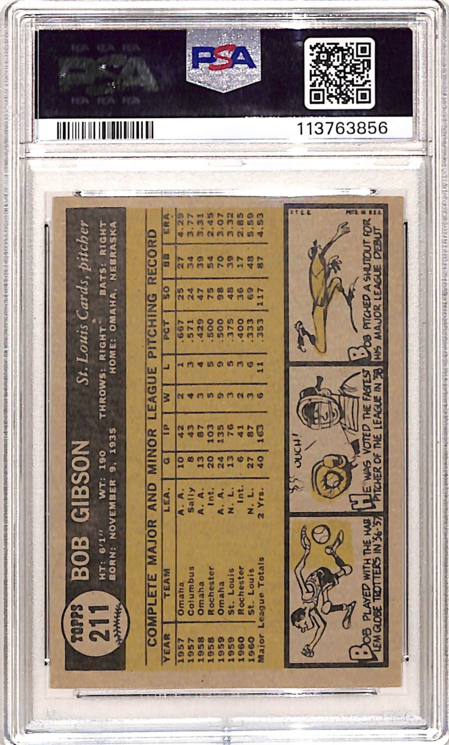 Bob Gibson 1961 Topps #211 PSA 6 Ex-Mint