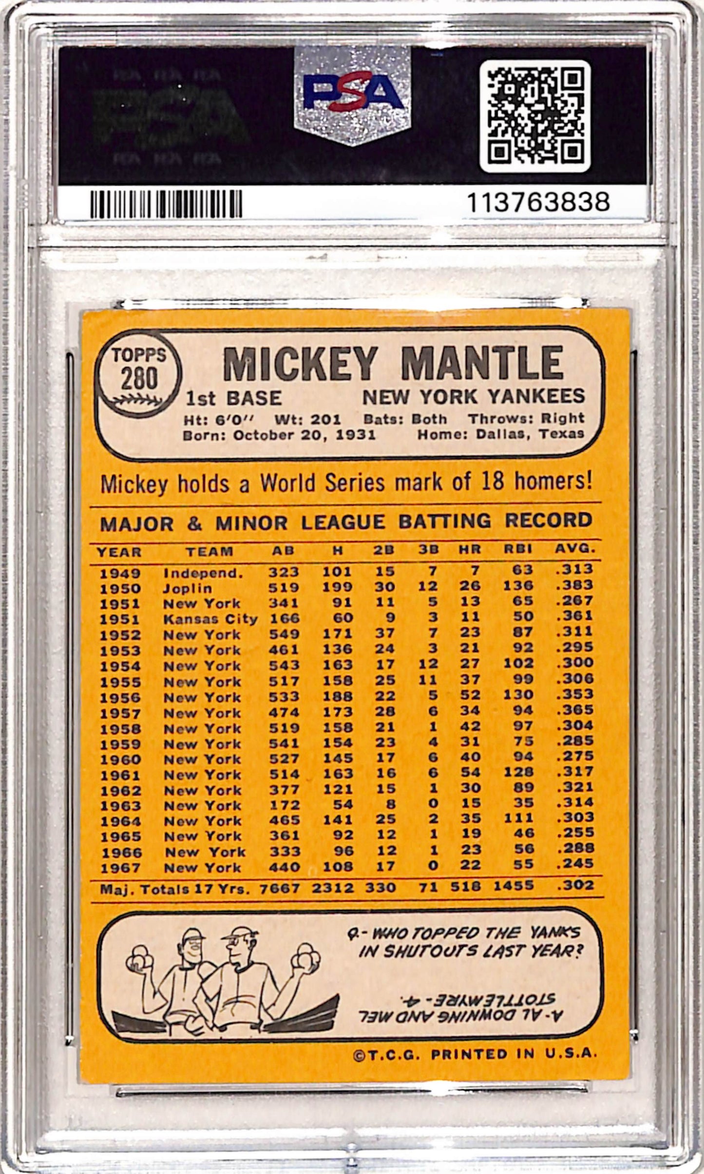 Mickey Mantle 1968 Topps #280 PSA 1.5 Fair 3838