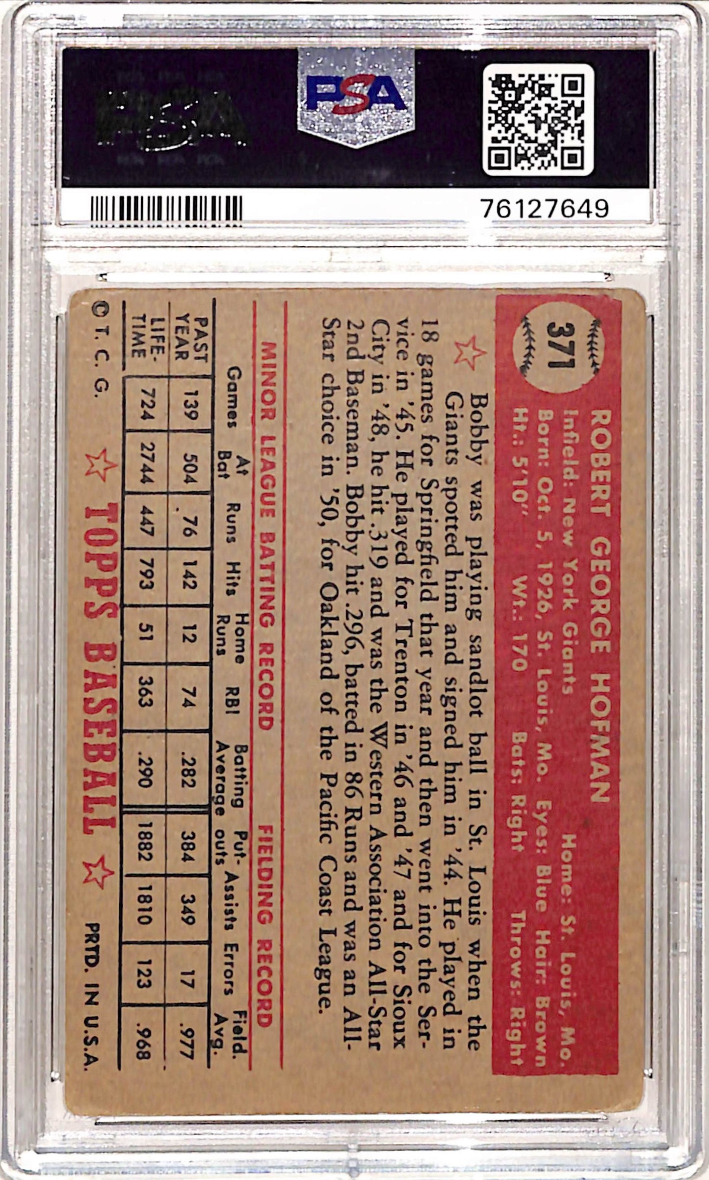 Bob Hofman 1952 Topps #371 PSA 2 Good
